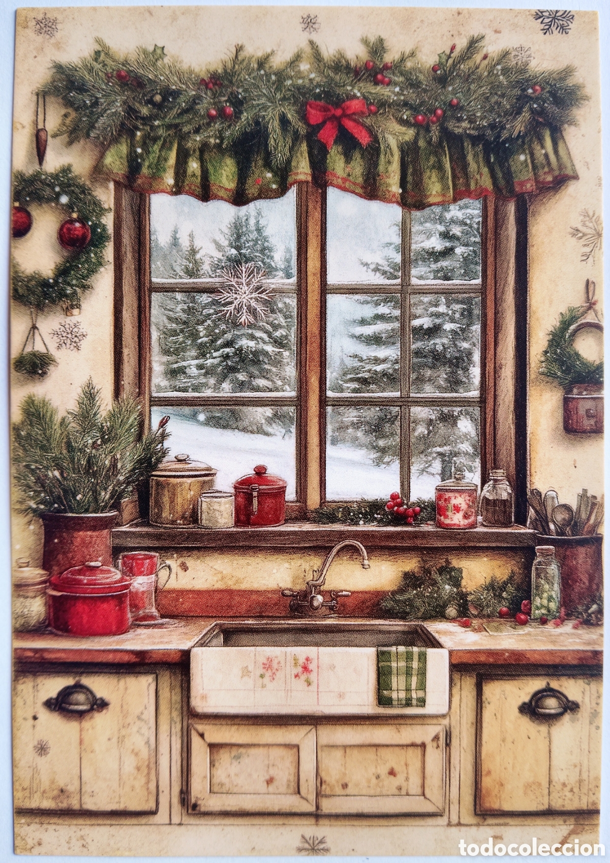 Postales: POSTAL NAVIDAD - FREGADERO COCINA VENTANA PAISAJE NEVADO - ESTILO ANTIGUO