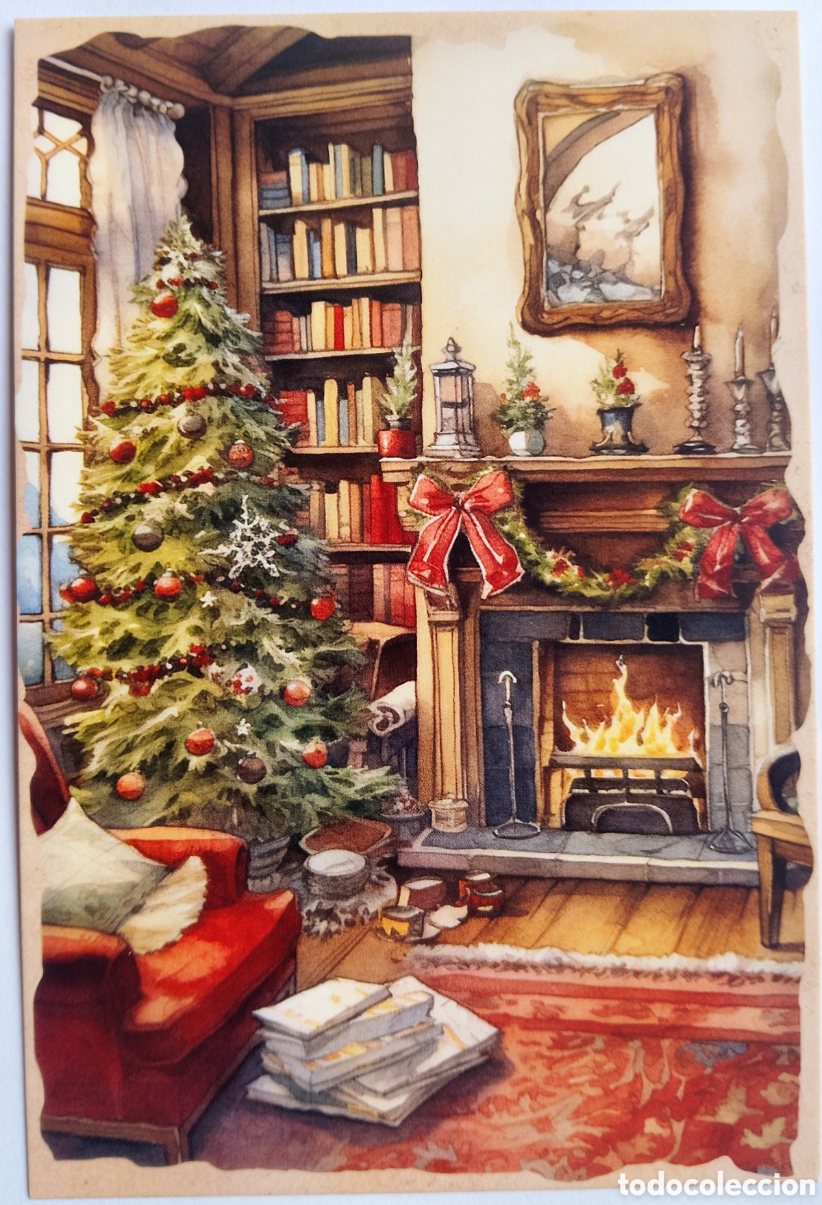 Postales: POSTAL NAVIDAD - ESCENA HOGARE&Ntilde;A CHIMENEA &Aacute;RBOL - ESTILO ANTIGUO