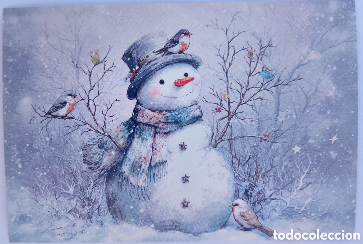 Postales: FELICITACI&Oacute;N NAVIDAD - MU&Ntilde;ECO DE NIEVE PAJARITOS PAISAJE NEVADO