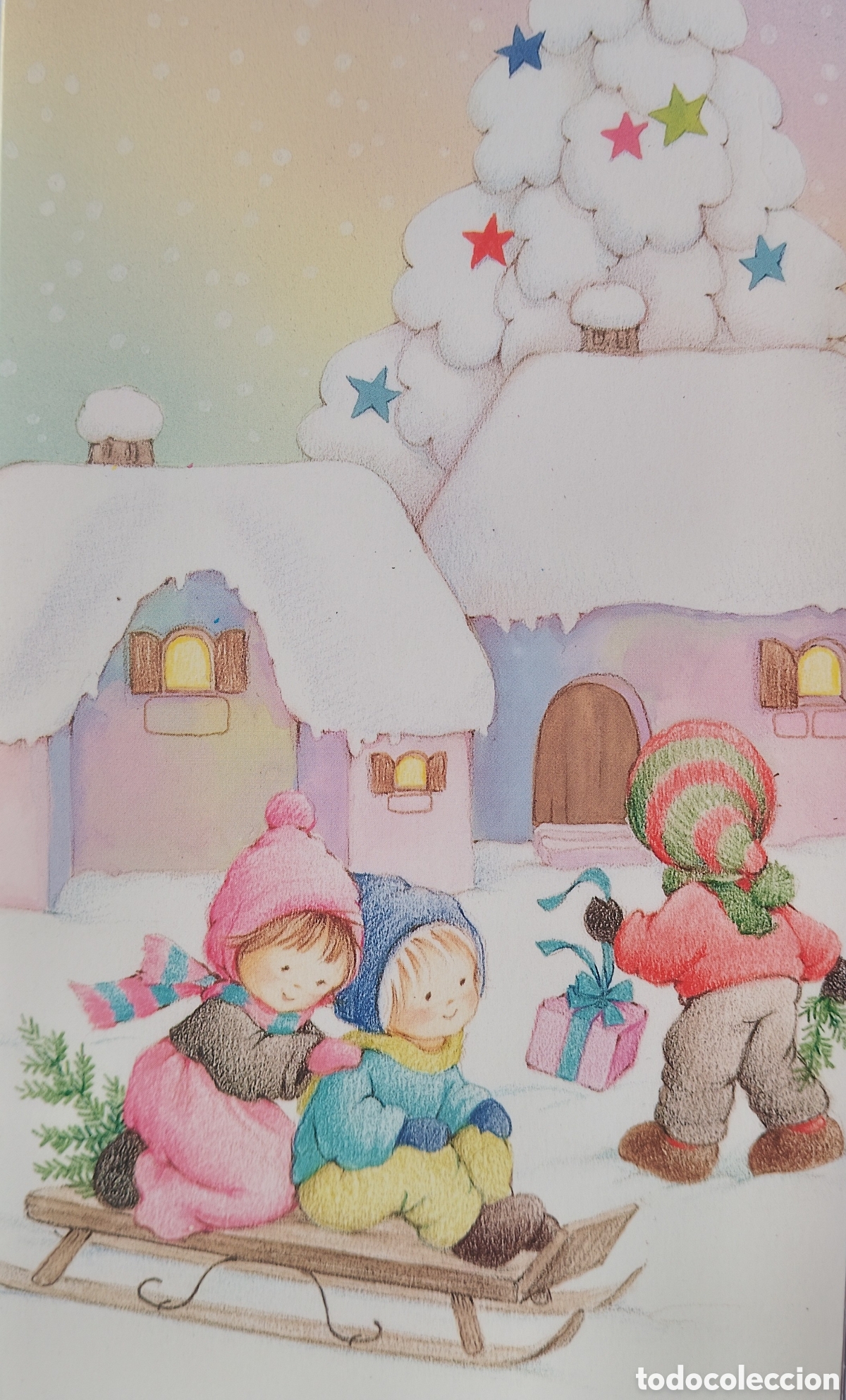 Postales: GRAN FELICITACI&Oacute;N NAVIDAD - MAR&Iacute;A - EDICIONES ORTIZ - NI&Ntilde;OS TRINEO &Aacute;RBOL PAISAJE NEVADO