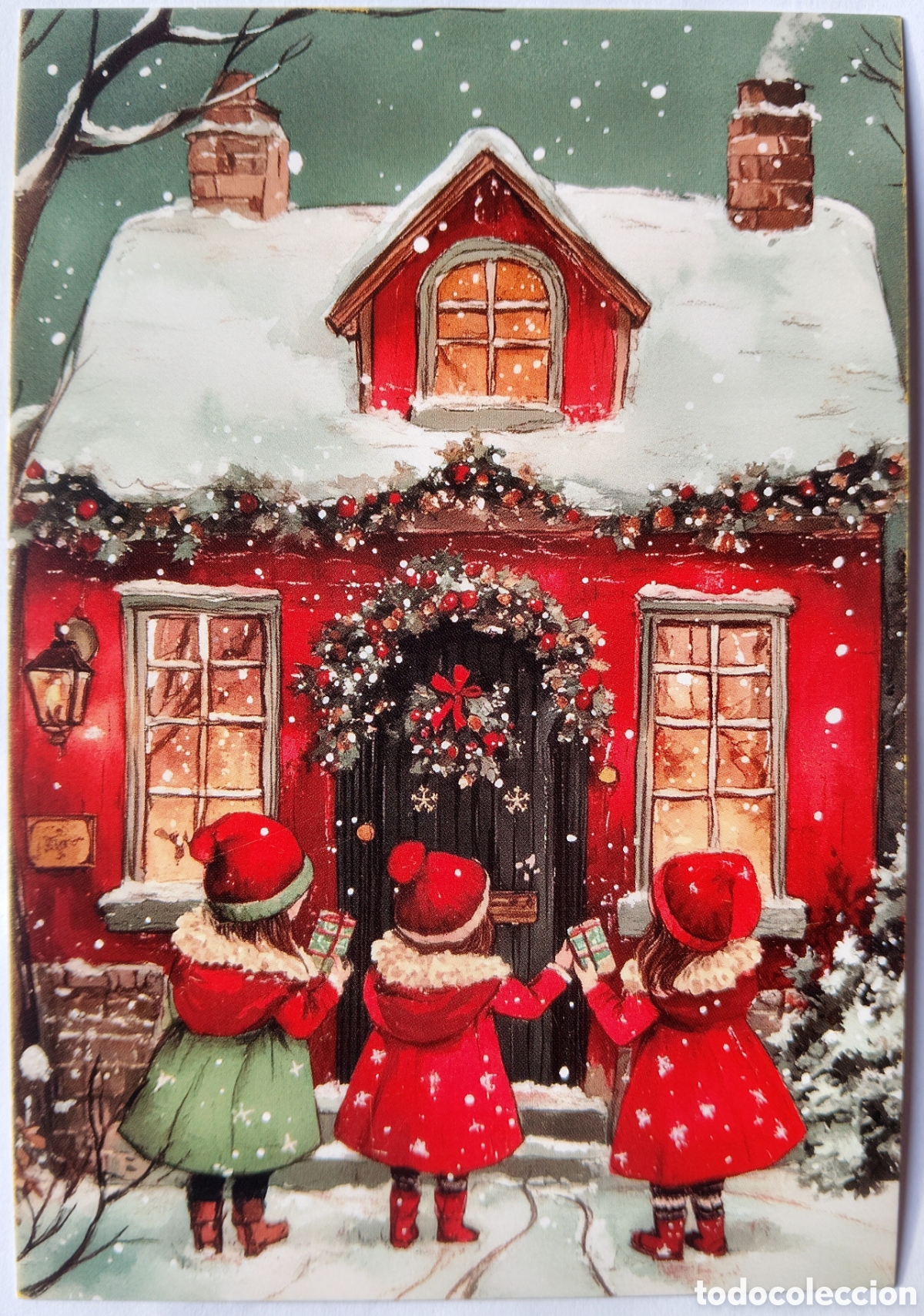 Postales: POSTAL NAVIDAD - NI&Ntilde;AS REGALOS CASITA PAISAJE NEVADO - ESTILO ANTIGUO