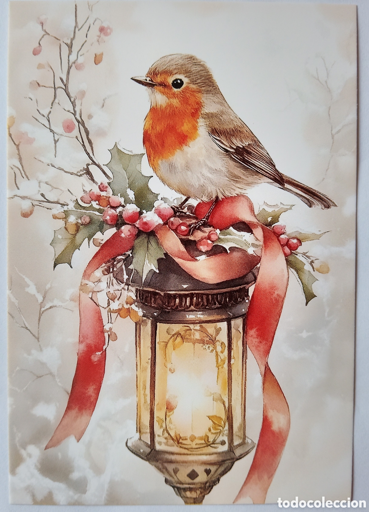 Postales: POSTAL NAVIDAD - PAJARITO PETIRROJO FAROL PAISAJE NEVADO - ESTILO ANTIGUO