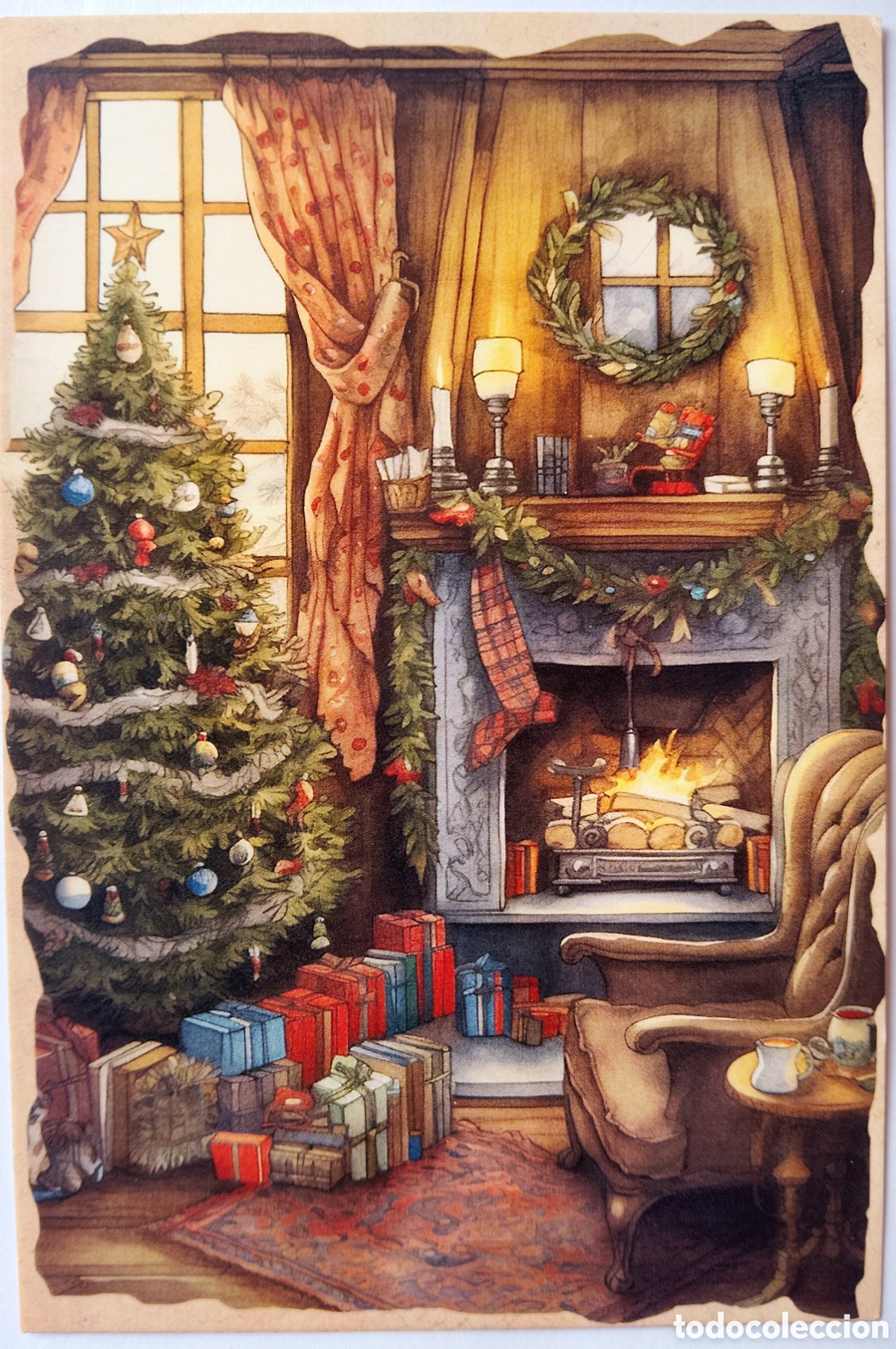 Postales: POSTAL NAVIDAD - ESCENA HOGARE&Ntilde;A &Aacute;RBOL CHIMENEA - ESTILO ANTIGUO
