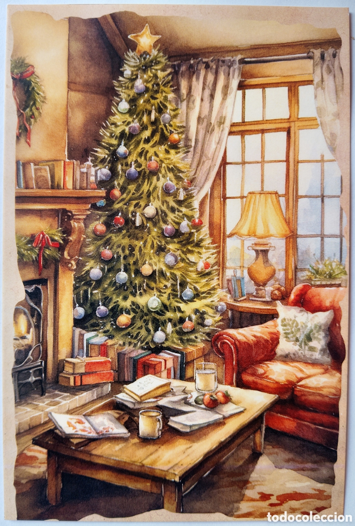 Postales: POSTAL NAVIDAD - ESCENA HOGARE&Ntilde;A &Aacute;RBOL VENTANA CHIMENEA - ESTILO ANTIGUO