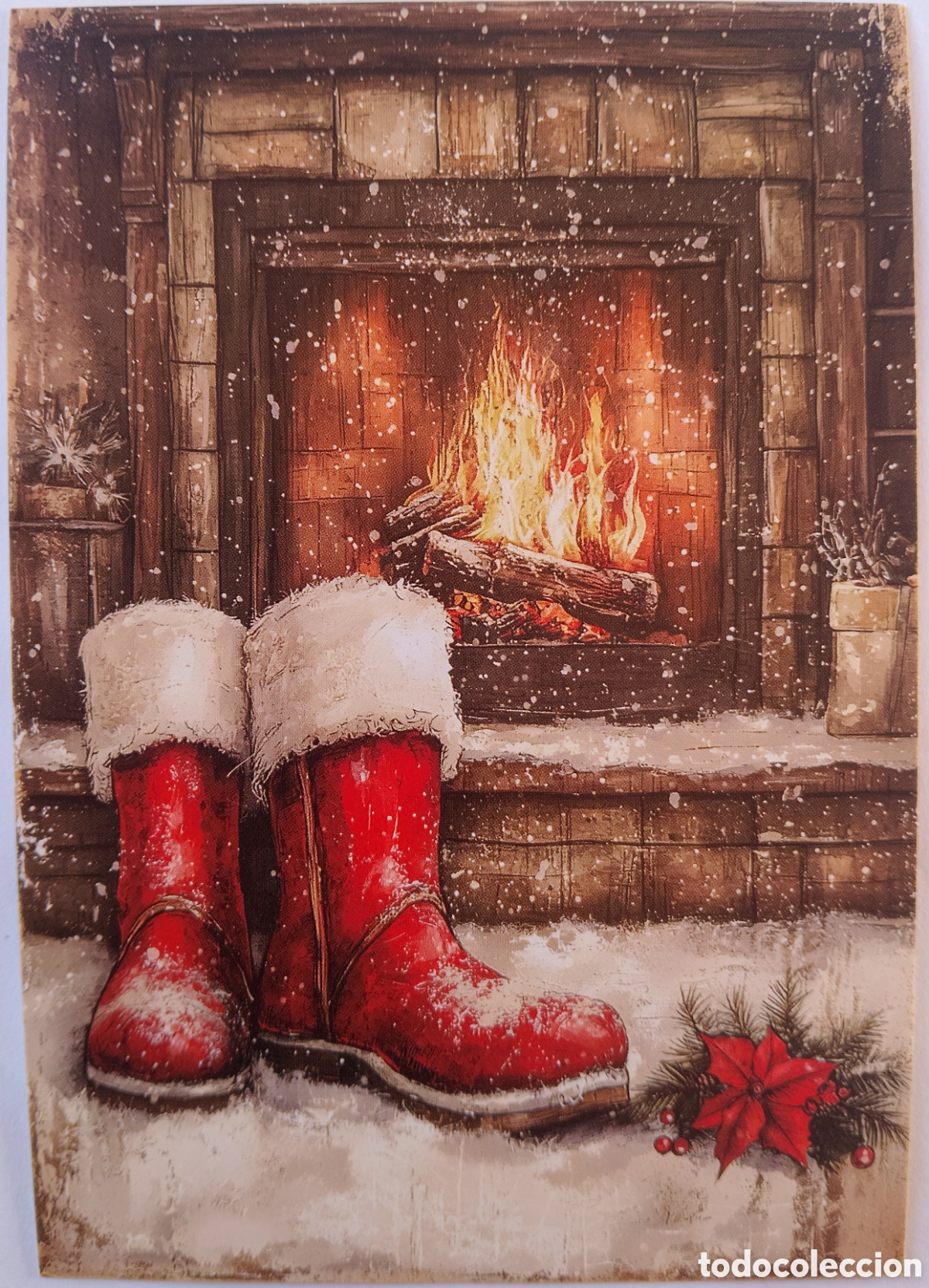 Postales: POSTAL NAVIDAD - ESCENA HOGARE&Ntilde;A CHIMENEA BOTAS - ESTILO ANTIGUO