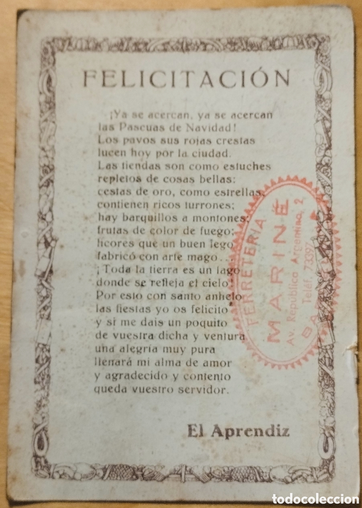 Postales: FELICITACI&Oacute;N DE NAVIDAD EL APRENDIZ - FERRETERIA MARINER BARCELONA - 1945