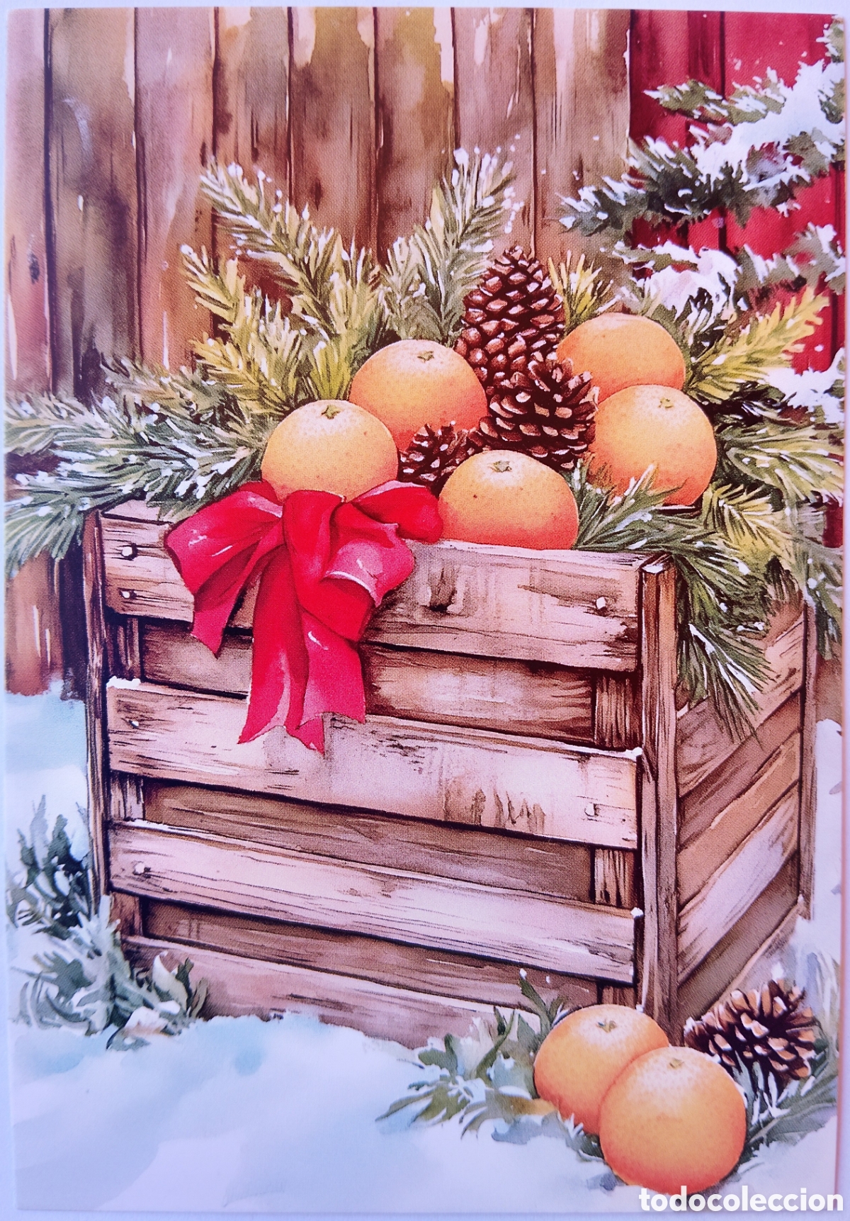 Postales: POSTAL NAVIDAD - DETALLE CAJA NARANJAS PI&Ntilde;AS PAISAJE NEVADO - ESTILO ANTIGUO