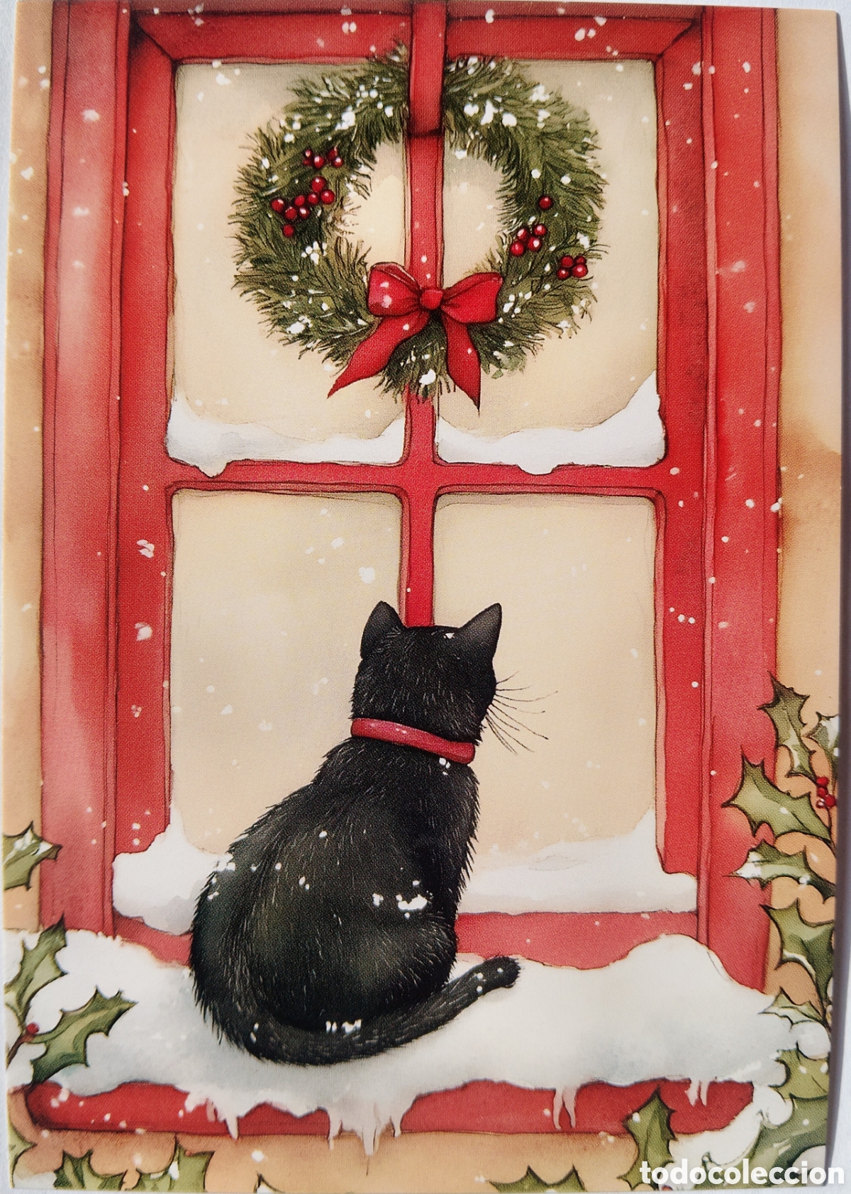 Postales: POSTAL NAVIDAD - GATO VENTANA PAISAJE NEVADO - ESTILO ANTIGUO