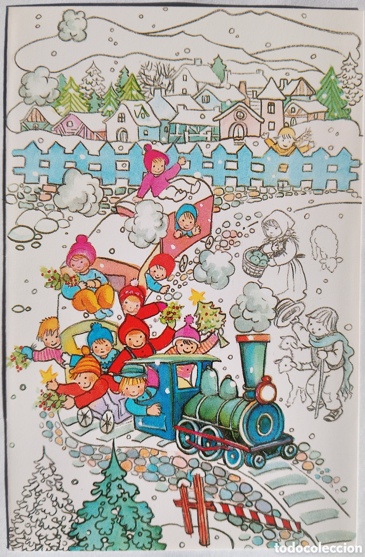 Postales: FELICITACI&Oacute;N NAVIDAD - &iquest;ANNA LLORENS, SALMONS? - EDICROMO - NI&Ntilde;OS TREN PAISAJE NEVADO