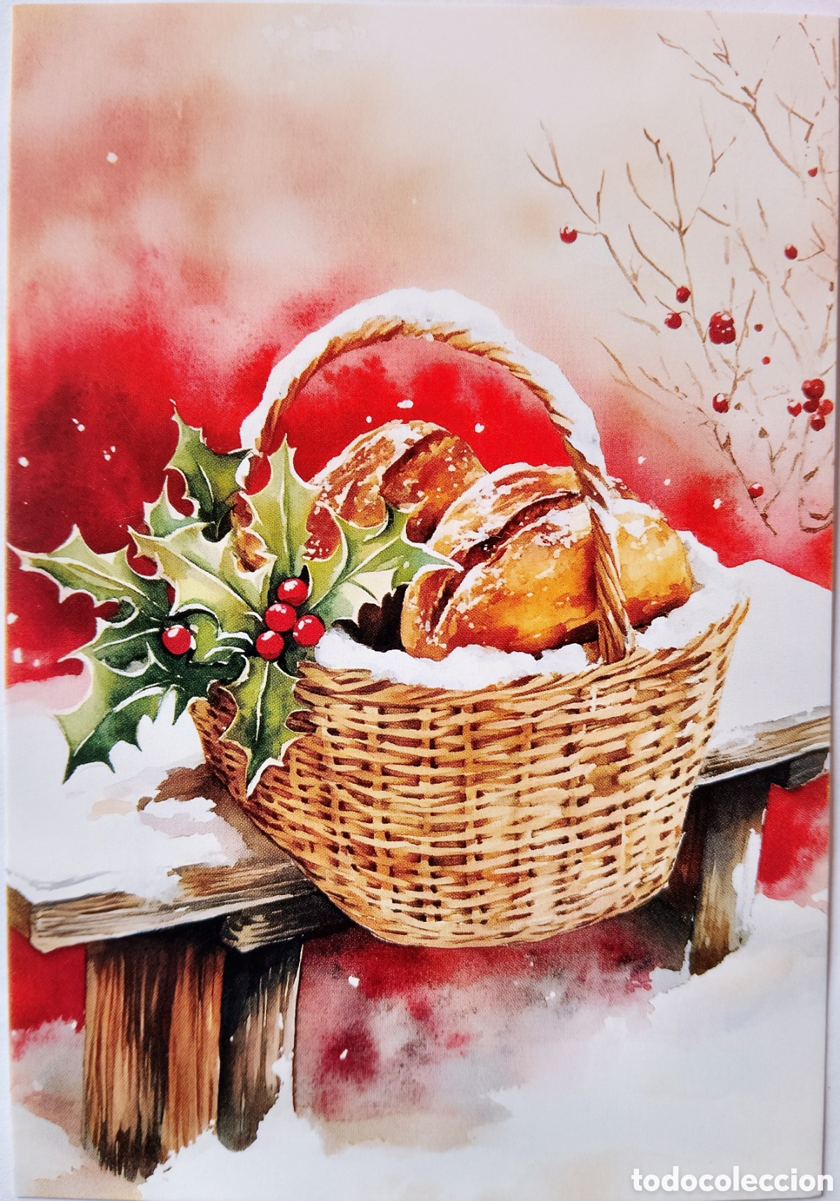 Postales: POSTAL NAVIDAD - DETALLE CESTO PAN ACEBO PAISAJE NEVADO - ESTILO ANTIGUO