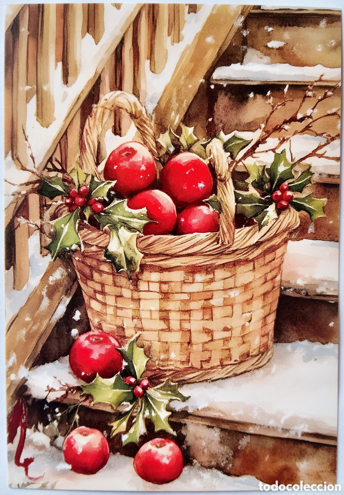 Postales: POSTAL NAVIDAD - DETALLE CESTO MANZANAS ACEBO PAISAJE NEVADO - ESTILO ANTIGUO