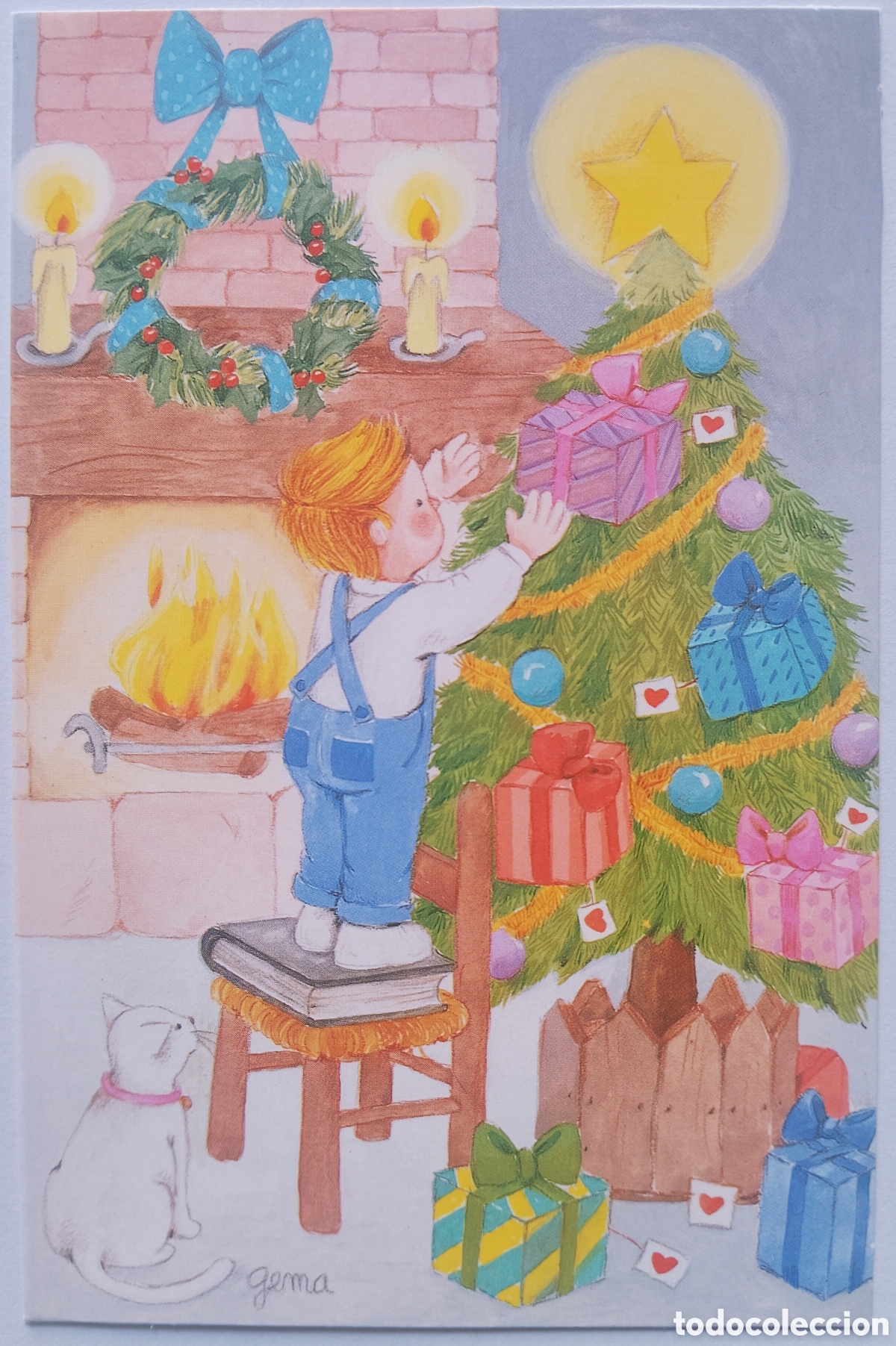 Postales: FELICITACI&Oacute;N NAVIDAD - GEMA - EDICIONES ORTIZ - NI&Ntilde;O GATITO &Aacute;RBOL CHIMENEA
