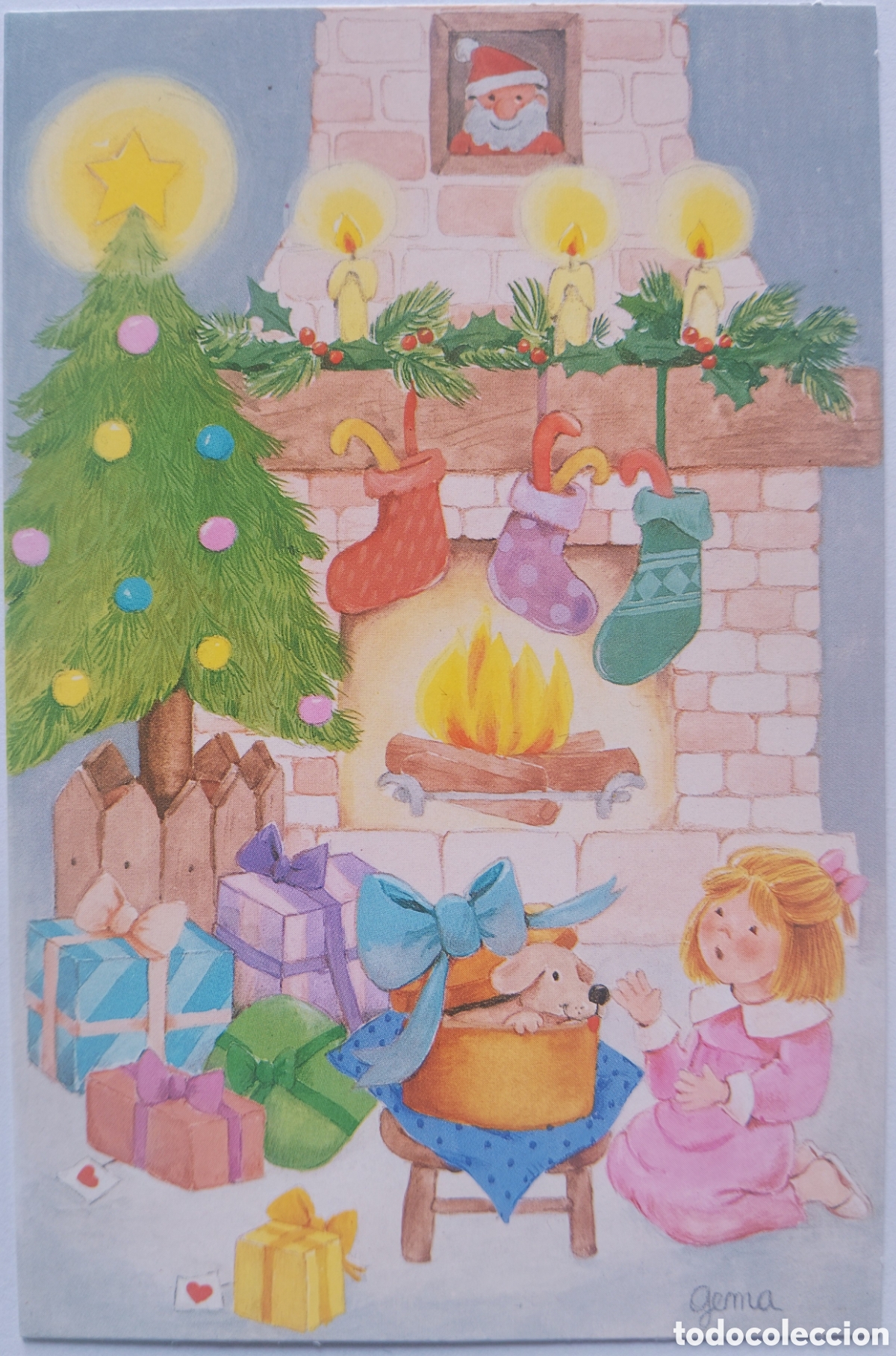 Postales: FELICITACI&Oacute;N NAVIDAD - GEMA - EDICIONES ORTIZ - NI&Ntilde;A PERRITO &Aacute;RBOL CHIMENEA