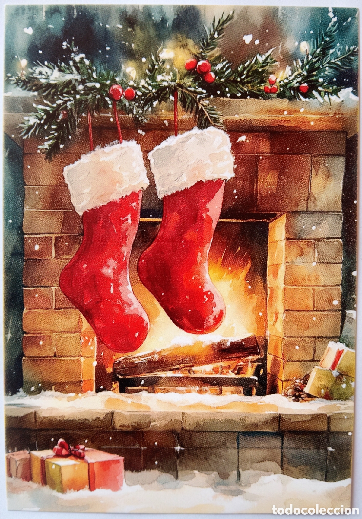 Postales: POSTAL NAVIDAD - ESCENA HOGARE&Ntilde;A CALCETINES CHIMENEA - ESTILO ANTIGUO