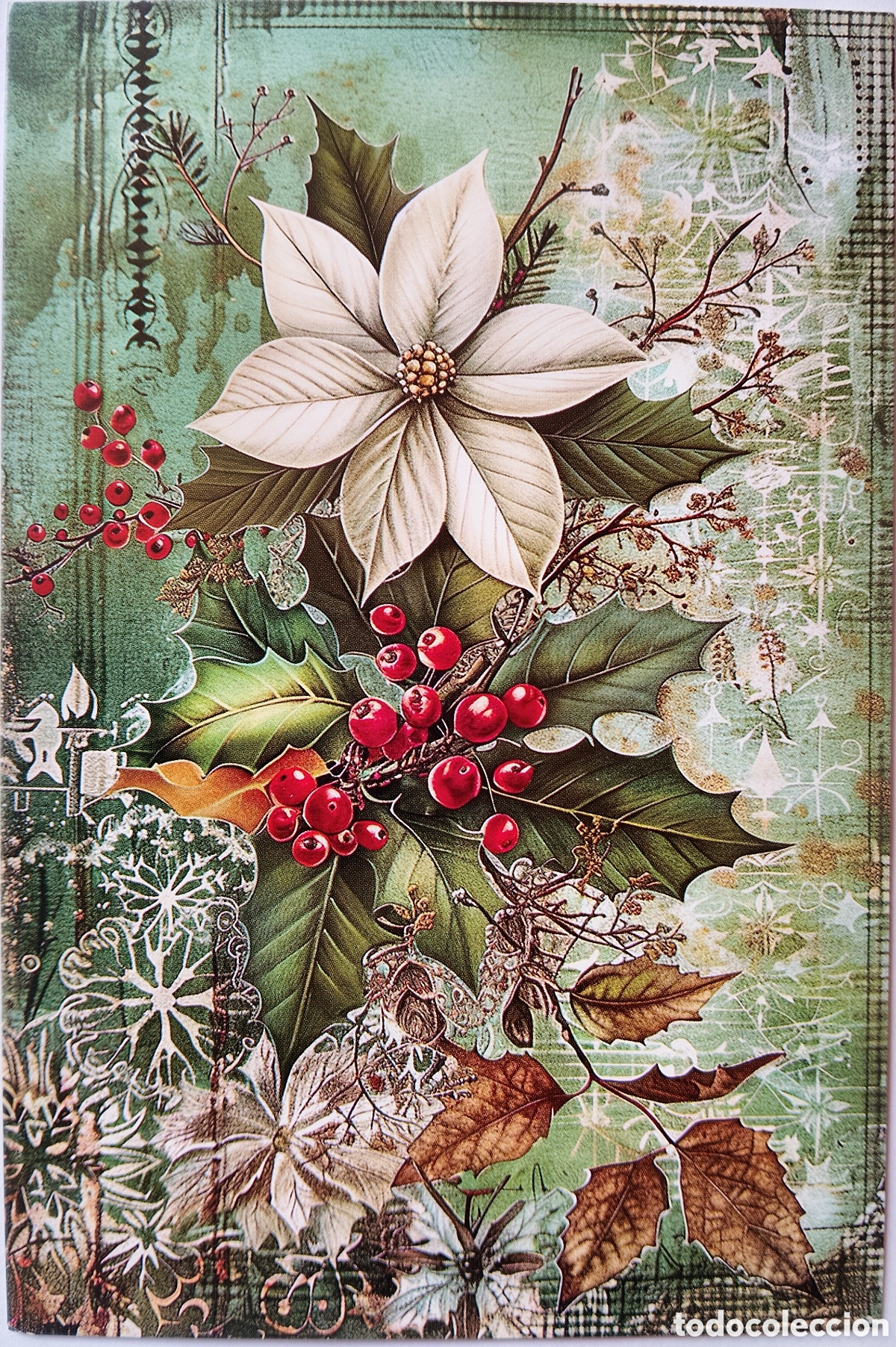 Postales: POSTAL NAVIDAD - DETALLE ACEBO FLORES DE PASCUA - ESTILO ANTIGUO