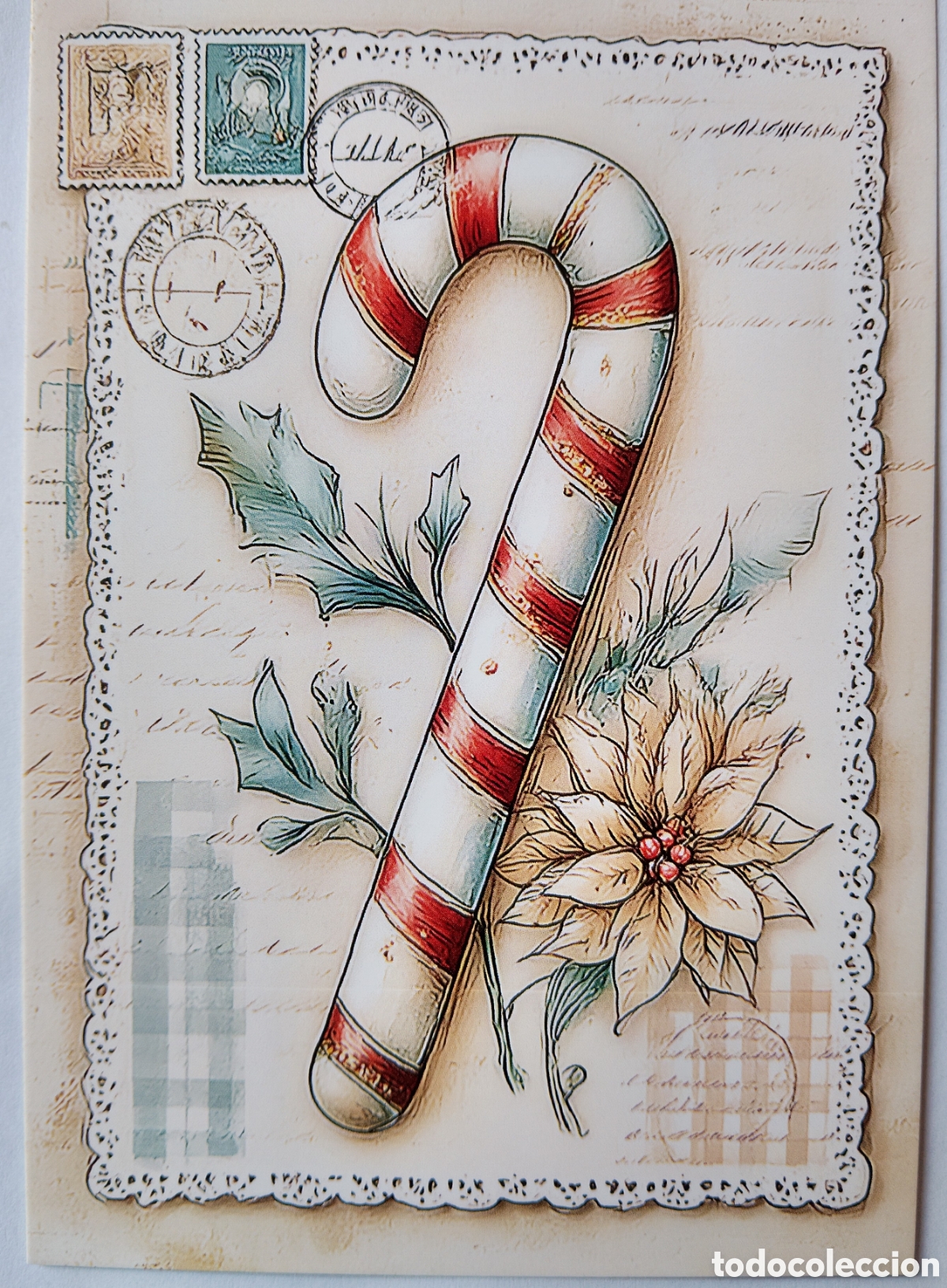 Postales: POSTAL NAVIDAD - DETALLE BAST&Oacute;N CARAMELO ACEBO FLORES - ESTILO ANTIGUO