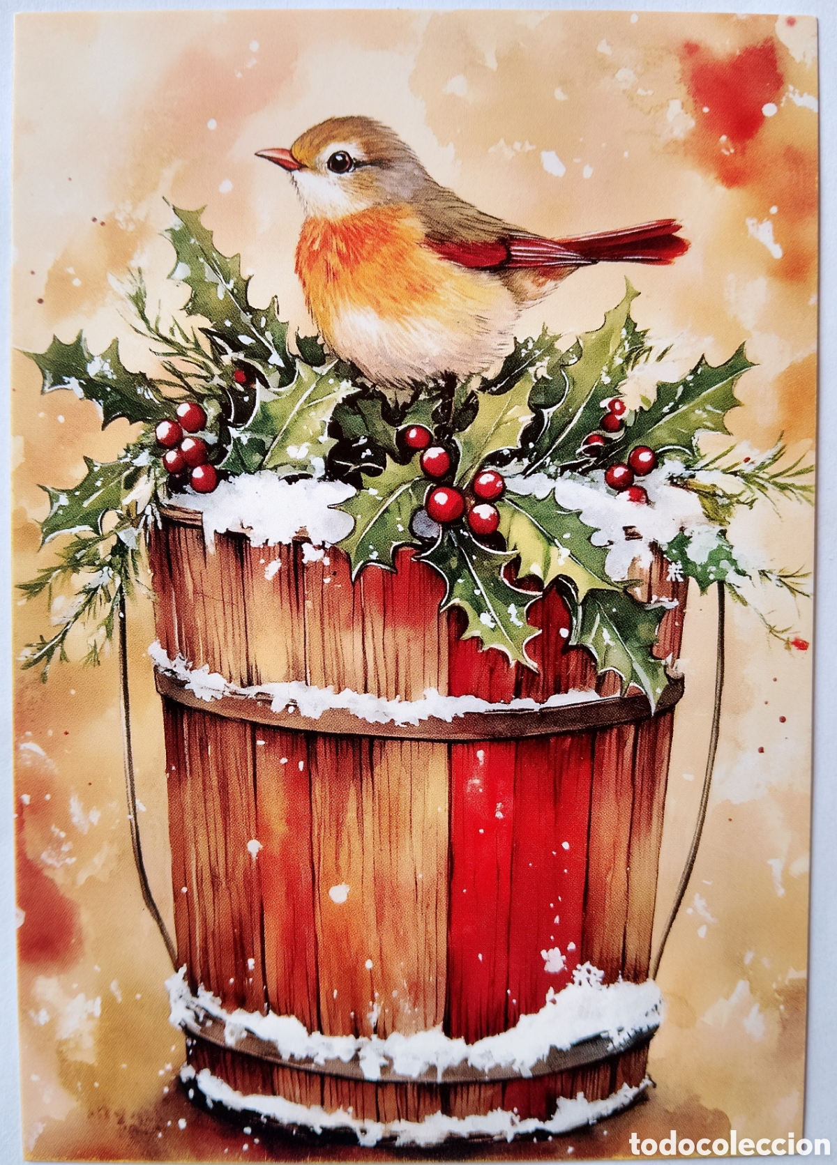 Postales: POSTAL NAVIDAD - PAJARITO ACEBO CUBO NIEVE - ESTILO ANTIGUO