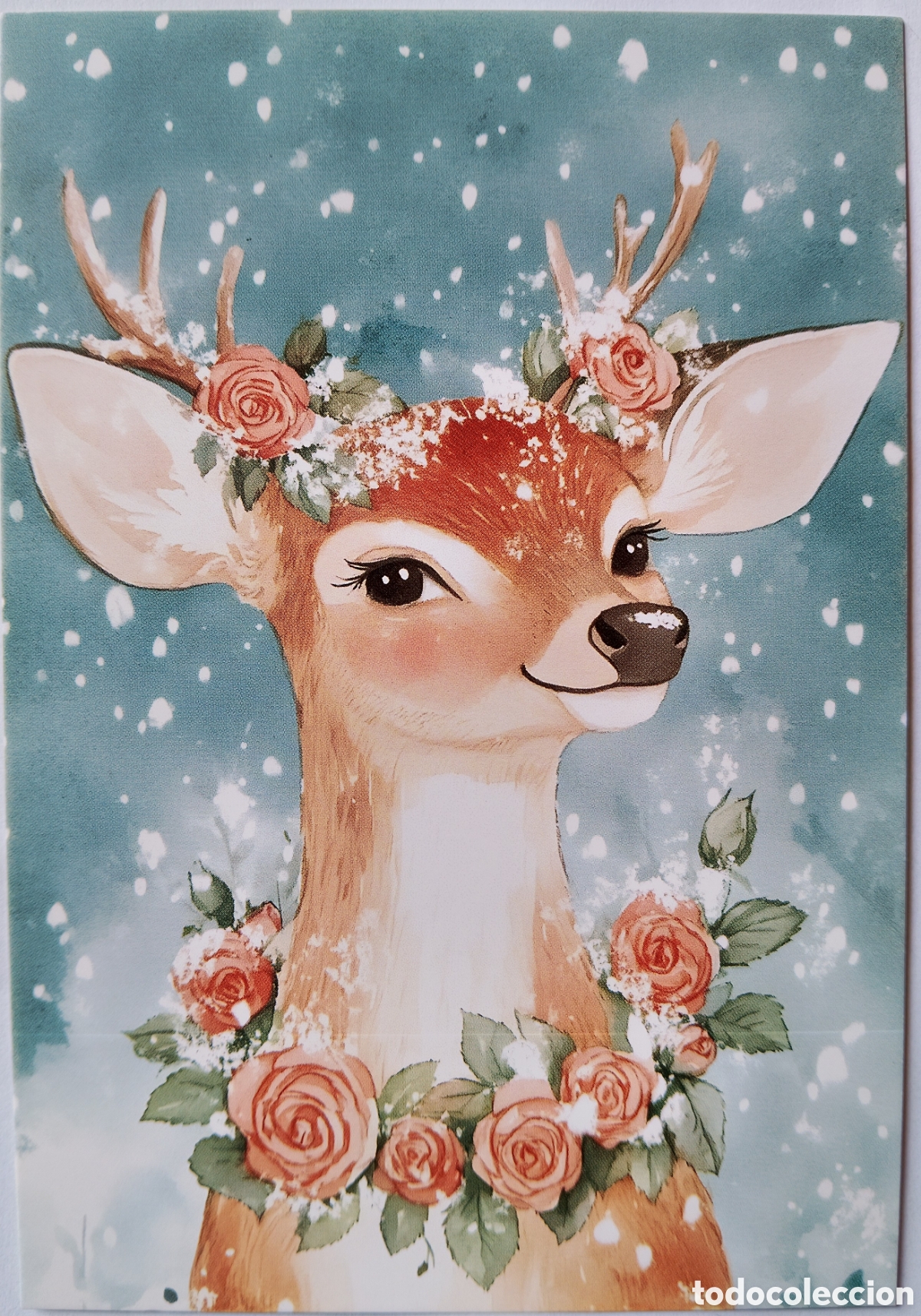Postales: POSTAL NAVIDAD - CIERVO BAMBI FLORES NIEVE - ESTILO ANTIGUO