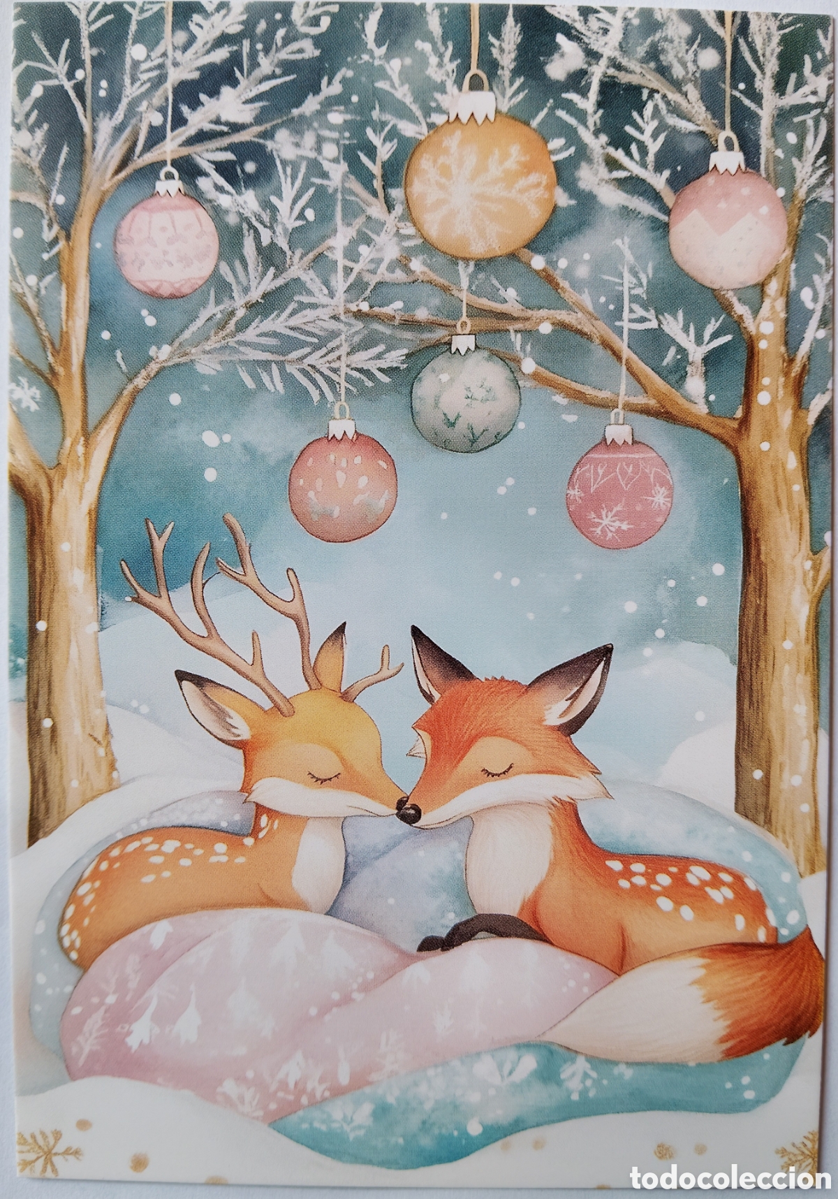 Postales: POSTAL NAVIDAD - CIERVO BAMBI ZORRO PAISAJE NEVADO BOLAS - ESTILO ANTIGUO