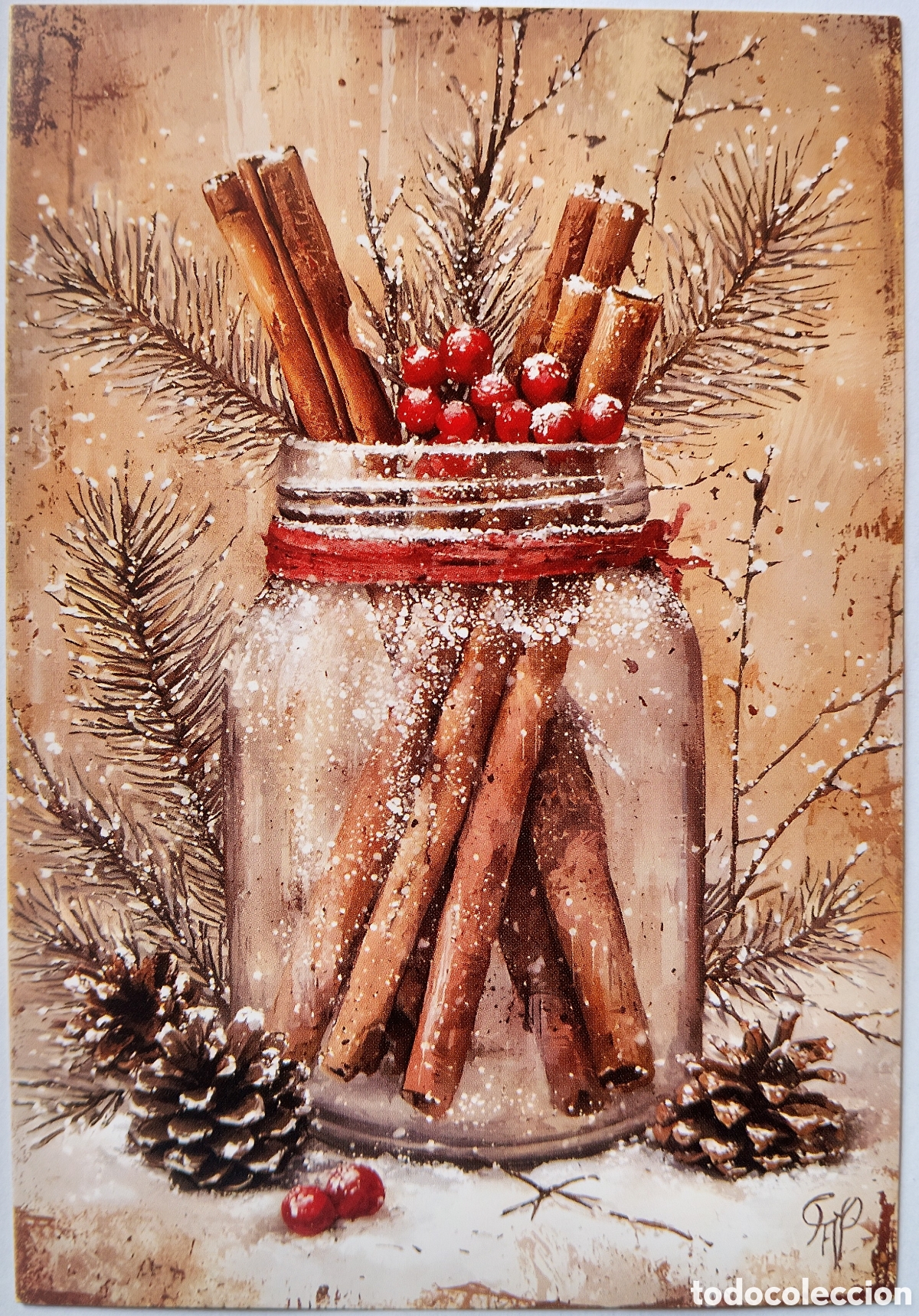 Postales: POSTAL NAVIDAD - DETALLE BOTE CANELA RAMA BAYAS ADORNOS NIEVE - ESTILO ANTIGUO