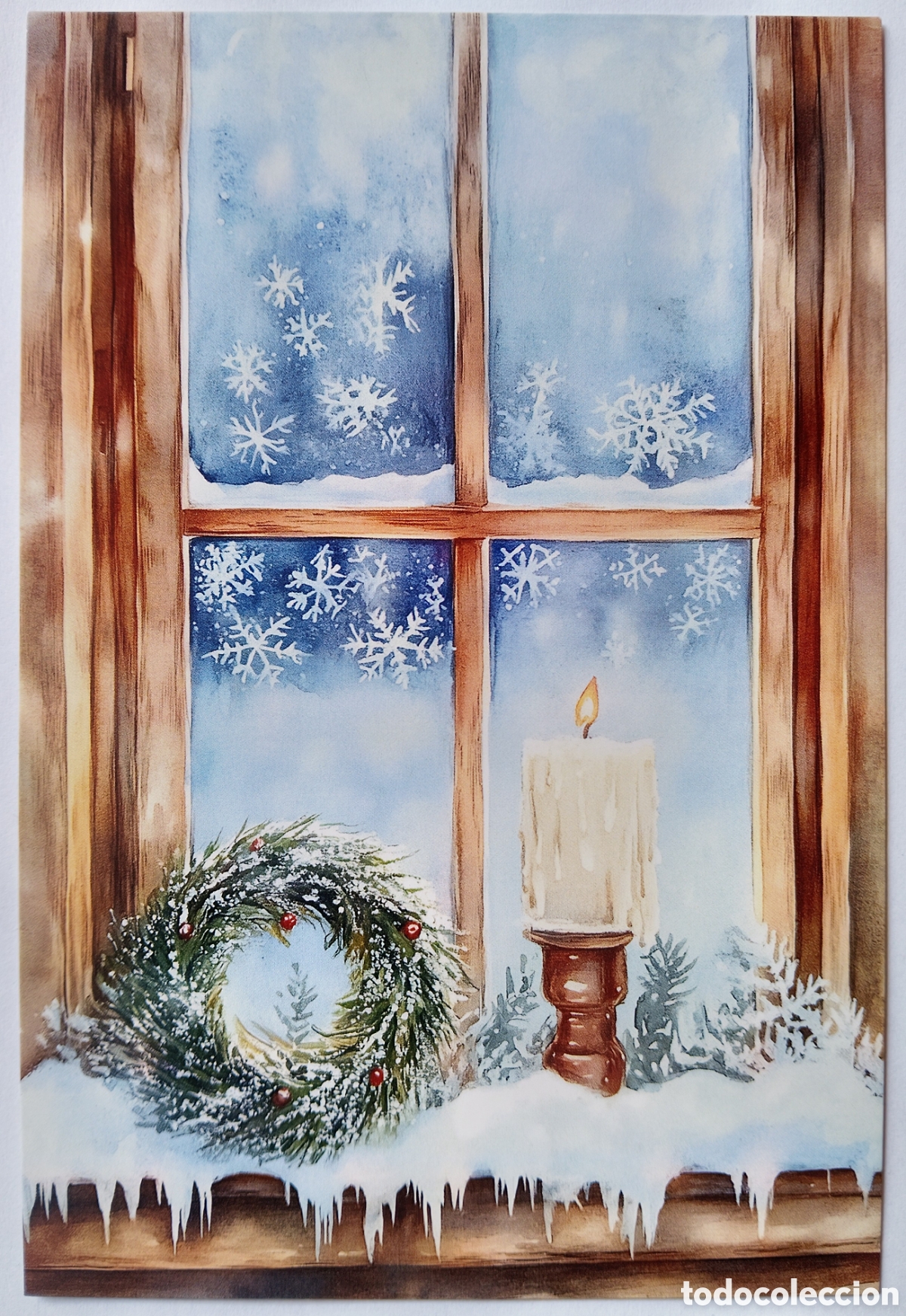 Postales: POSTAL NAVIDAD - ESCENA HOGARE&Ntilde;A VENTANA VELA NIEVE - ESTILO ANTIGUO
