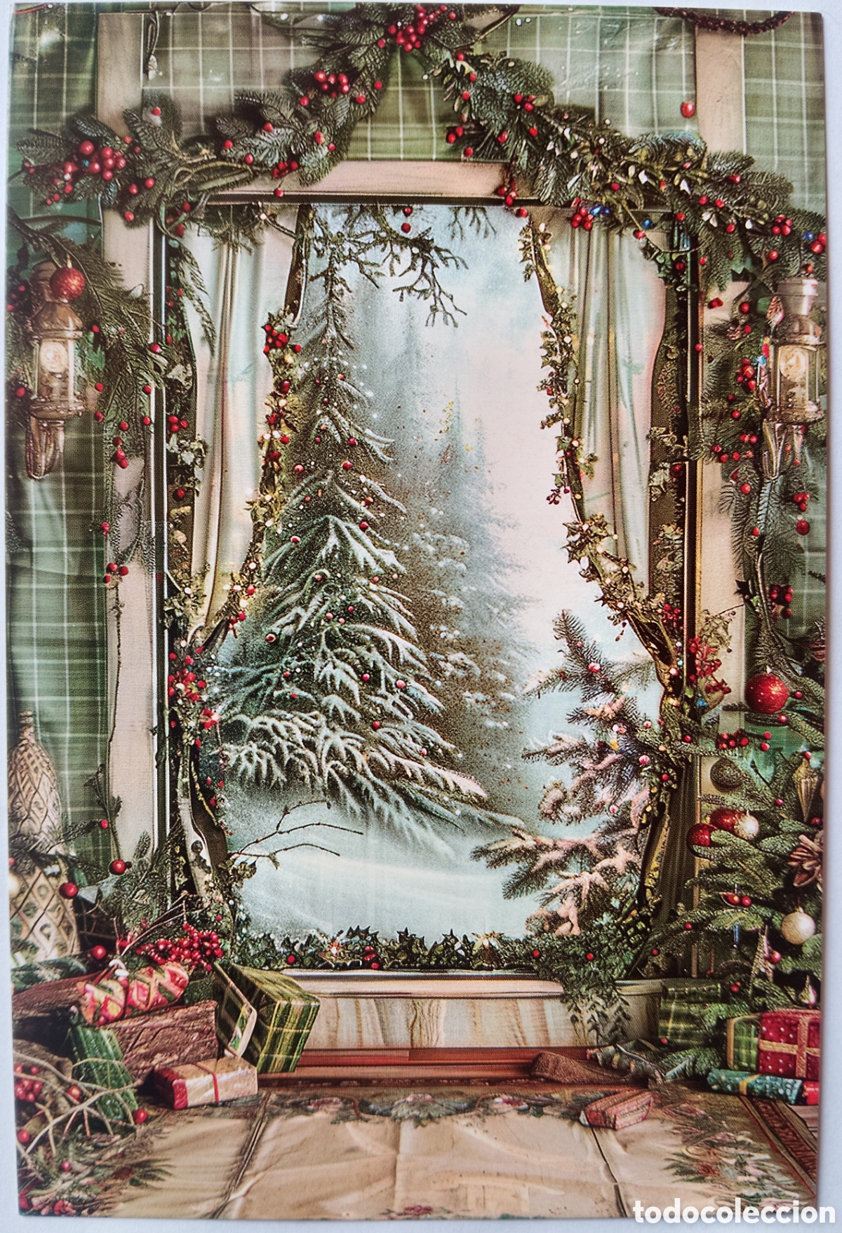 Postales: POSTAL NAVIDAD - ESCENA HOGARE&Ntilde;A VENTANAL PAISAJE NEVADO - ESTILO ANTIGUO