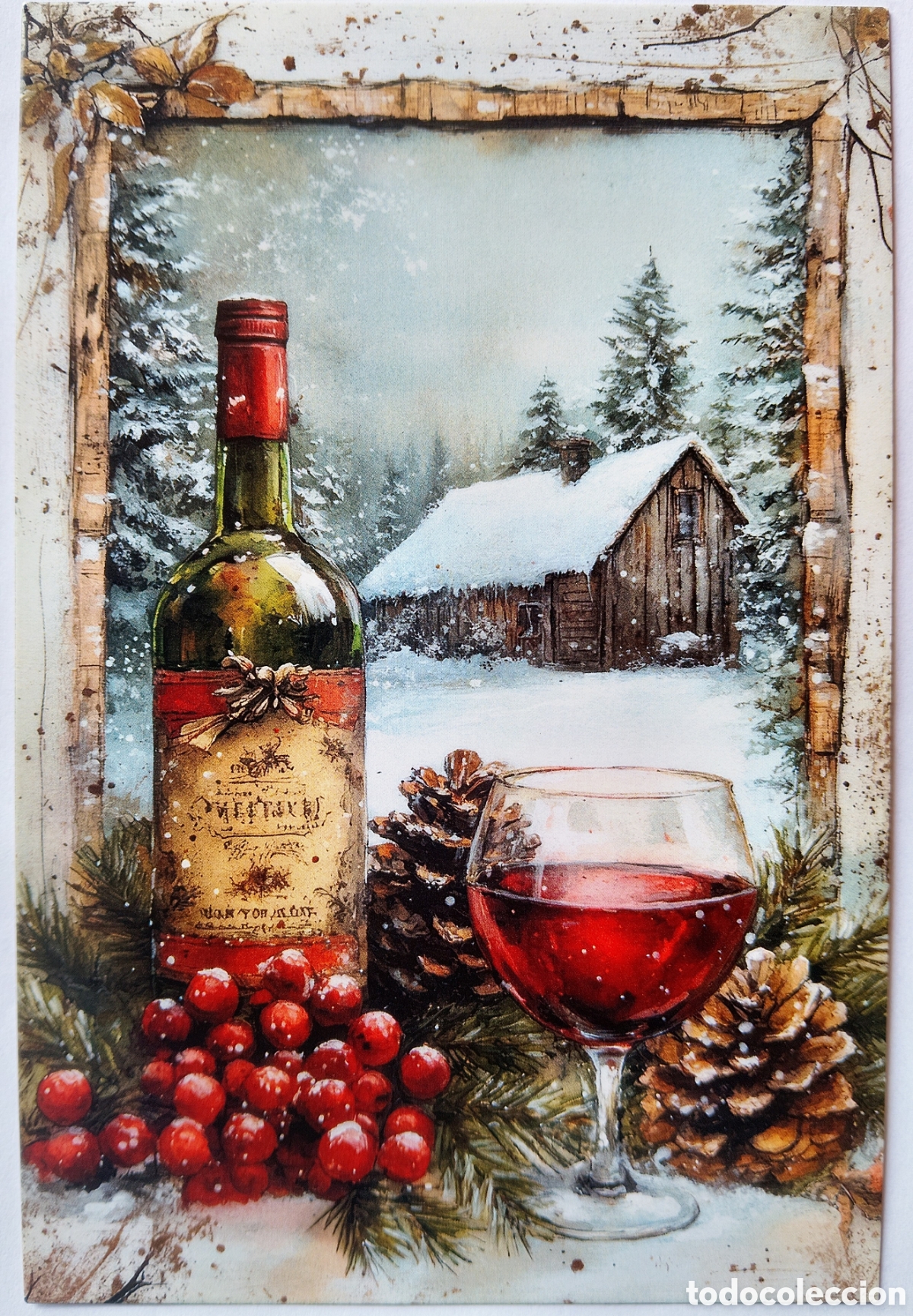 Postales: POSTAL NAVIDAD - DETALLE VINO ADORNOS PAISAJE NEVADO - ESTILO ANTIGUO