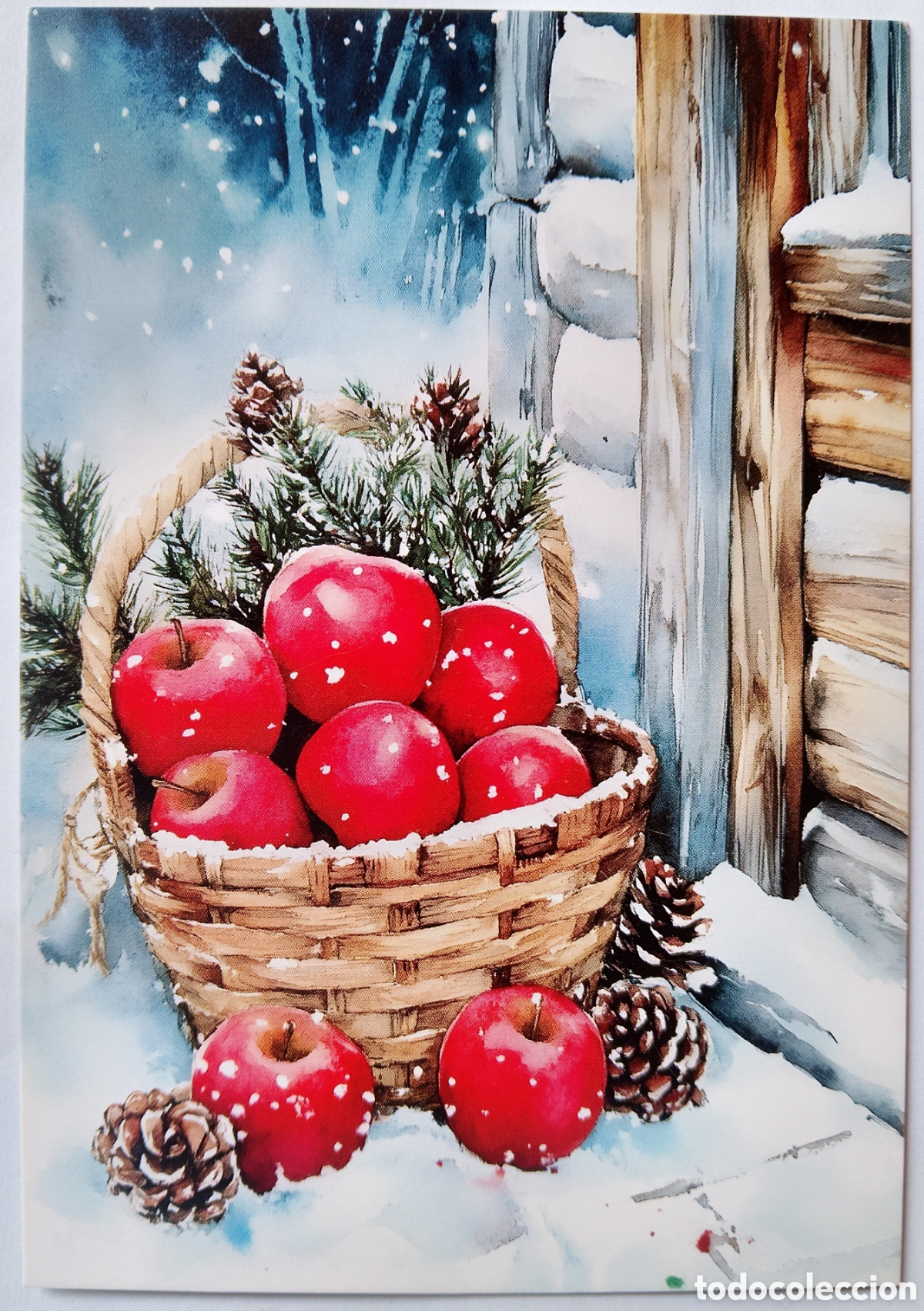 Postales: POSTAL NAVIDAD - CESTO MANZANAS PI&Ntilde;AS NIEVE - ESTILO ANTIGUO