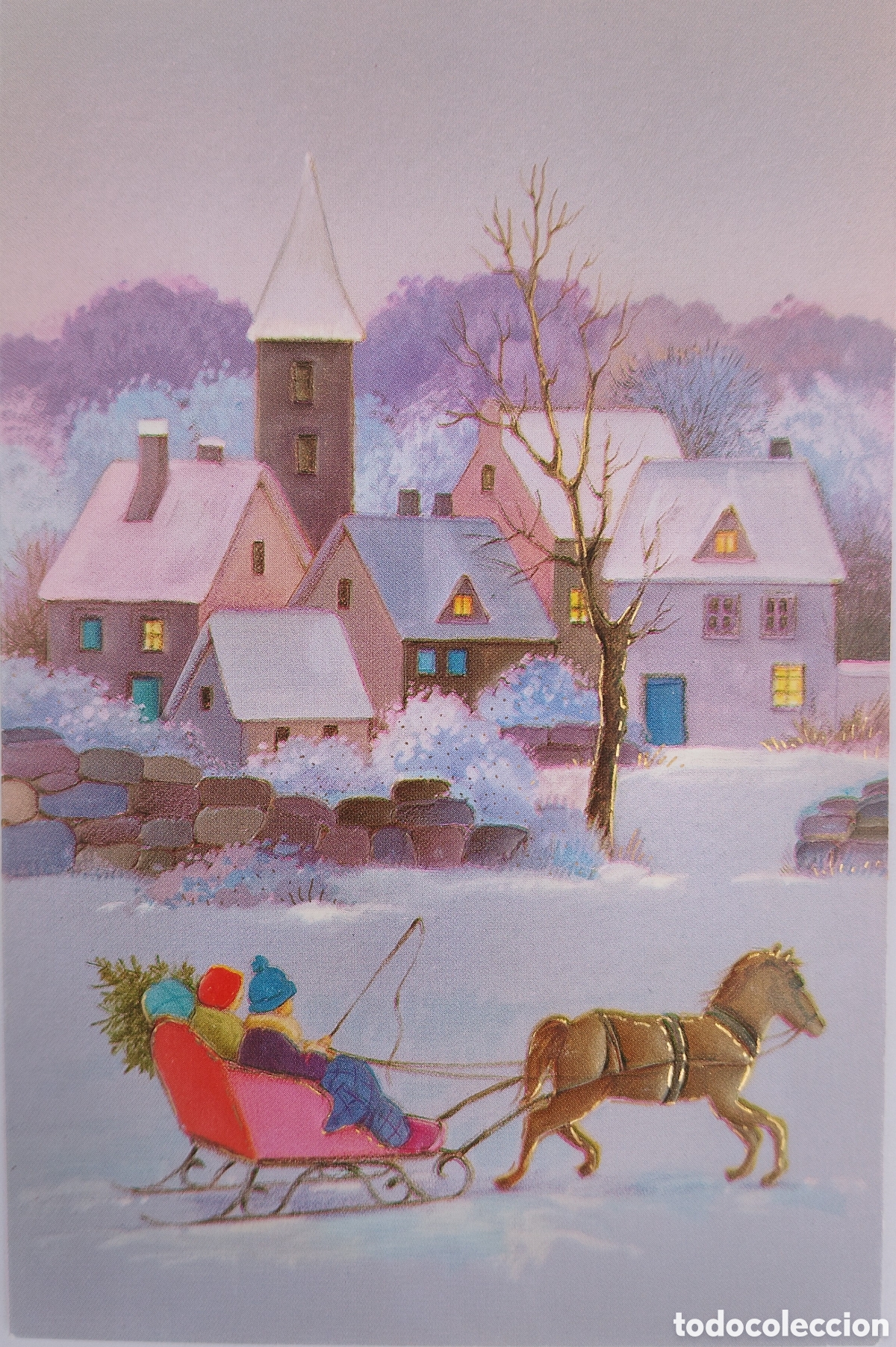 Postales: FELICITACI&Oacute;N NAVIDAD RELIEVE - EDICIONES ORTIZ - PAISAJE NEVADO TRINEO