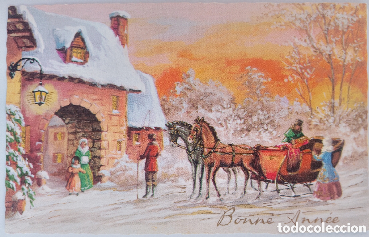 Postales: FELICITACI&Oacute;N NAVIDAD - PAISAJE NEVADO TRINEO CABALLOS