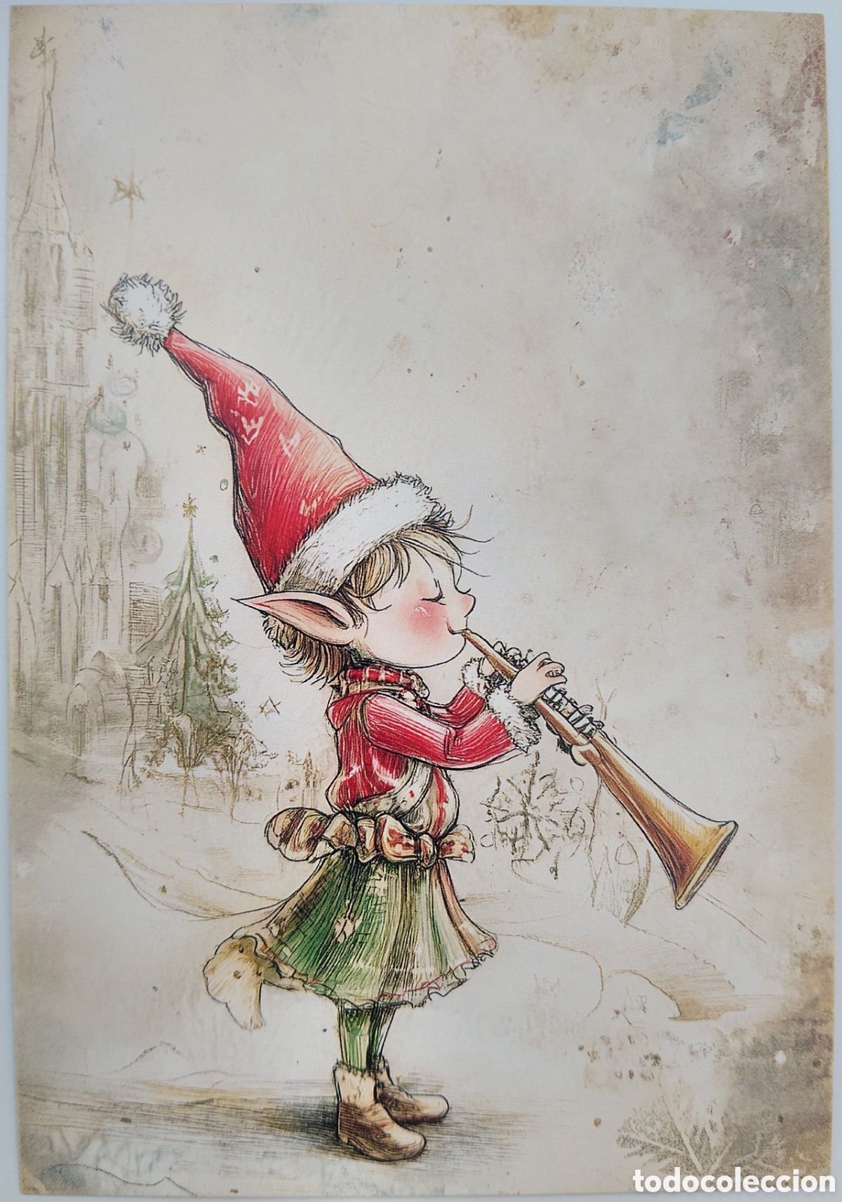 Postales: POSTAL NAVIDAD - ELFO CLARINETE PAISAJE NEVADO - ESTILO ANTIGUO