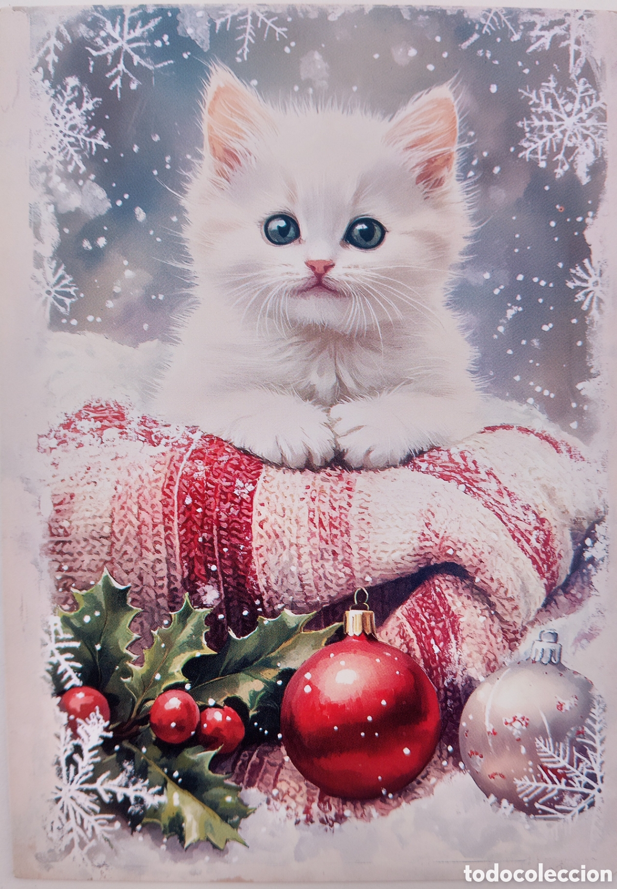 Postales: POSTAL NAVIDAD - GATITO BOLAS ACEBO MANTA NIEVE - ESTILO ANTIGUO