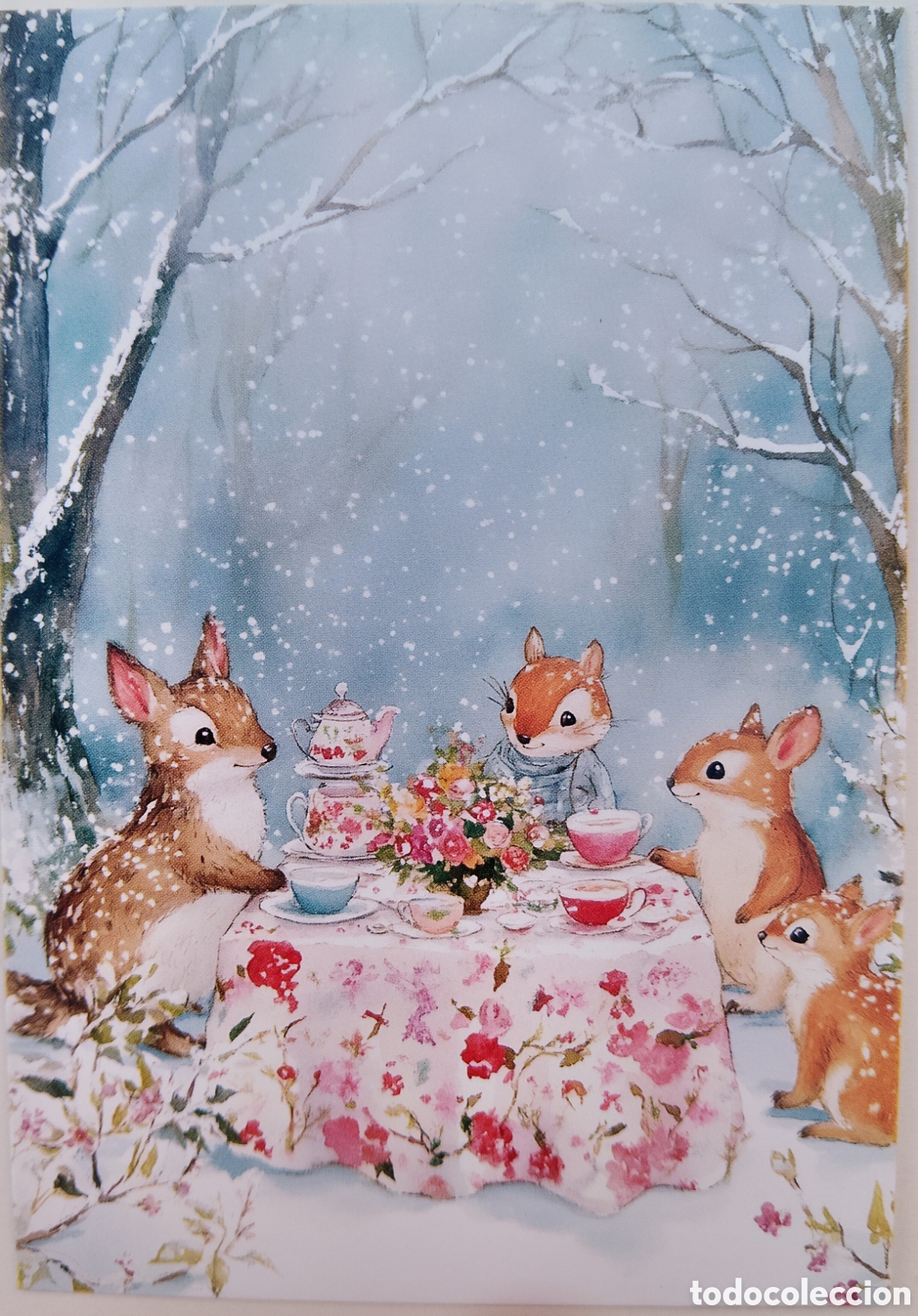 Postales: POSTAL NAVIDAD - ANIMALITOS MERIENDA T&Eacute; PAISAJE NEVADO - ESTILO ANTIGUO
