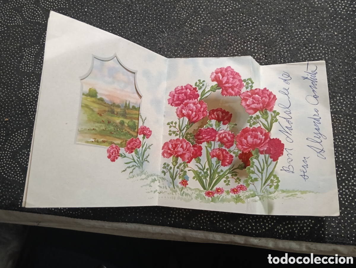 Postales: 1960 Felicitaci&oacute;n 3d con relieve de claveles rojos, felicitaci&oacute;n de Navidad