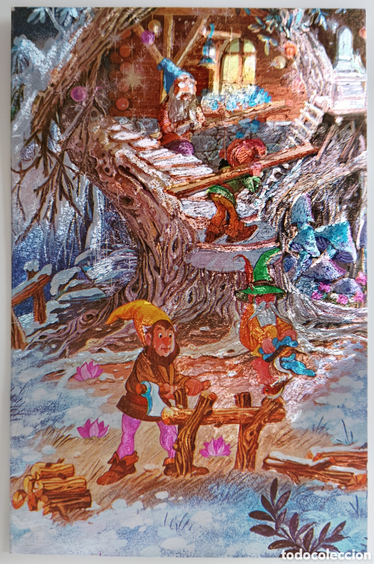 Postales: FELICITACI&Oacute;N NAVIDAD METALIZADA - EDICIONES ORTIZ - DISNEY - GNOMOS DUENDES CASA &Aacute;RBOL NIEVE