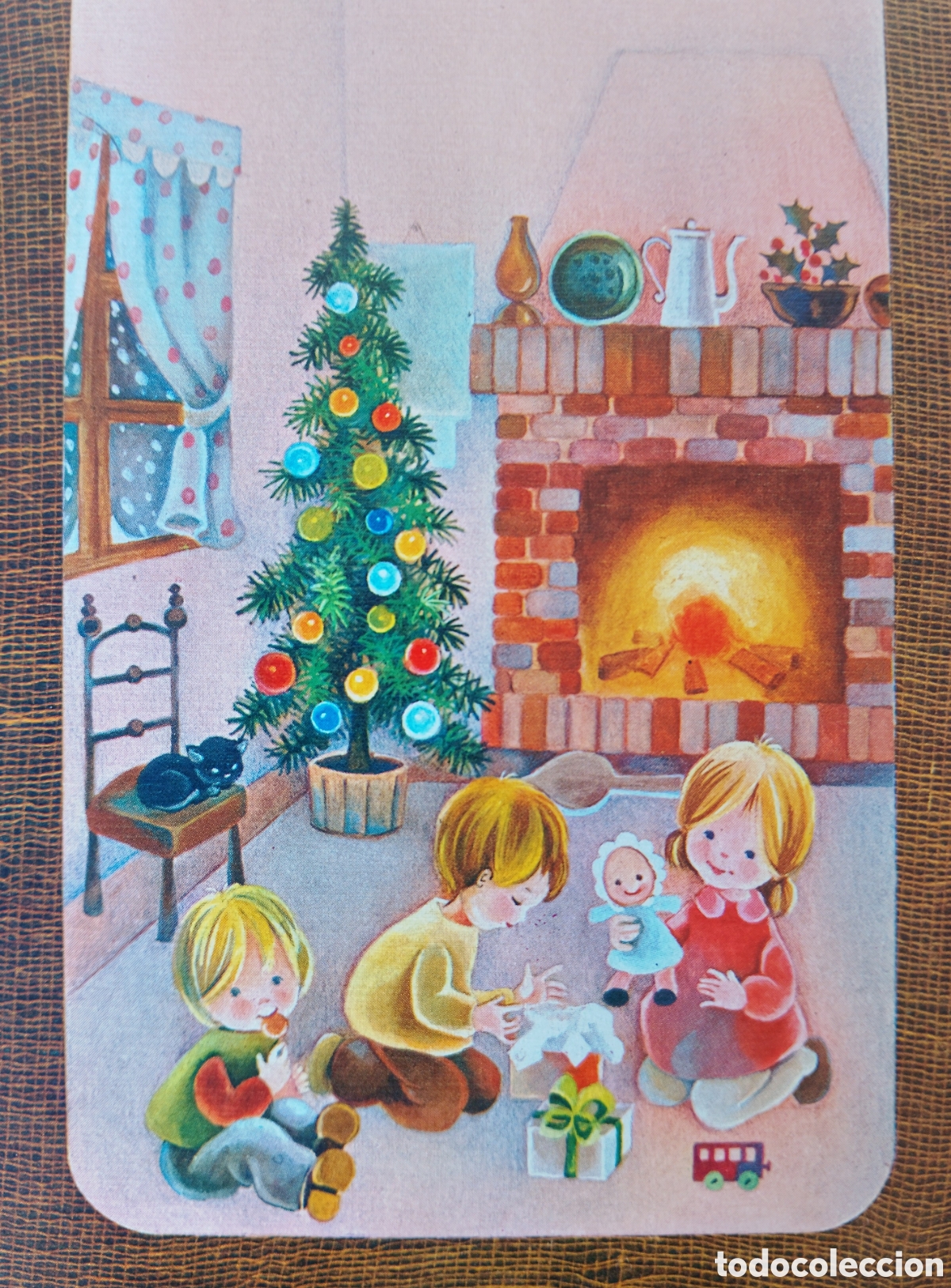 Postales: FELICITACI&Oacute;N NAVIDAD - ISABEL - EDICIONES ORTIZ - NI&Ntilde;OS GATITO CHIMENEA &Aacute;RBOL