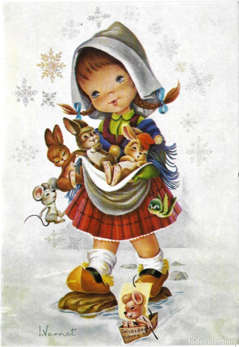 Postales: 7342O - VERNET - NI&Ntilde;A, ANIMALITOS, FELICIDADES EDICIONES ALTAMIRA REF. 20-433 - DIPTICA 16,8X11,5 CM