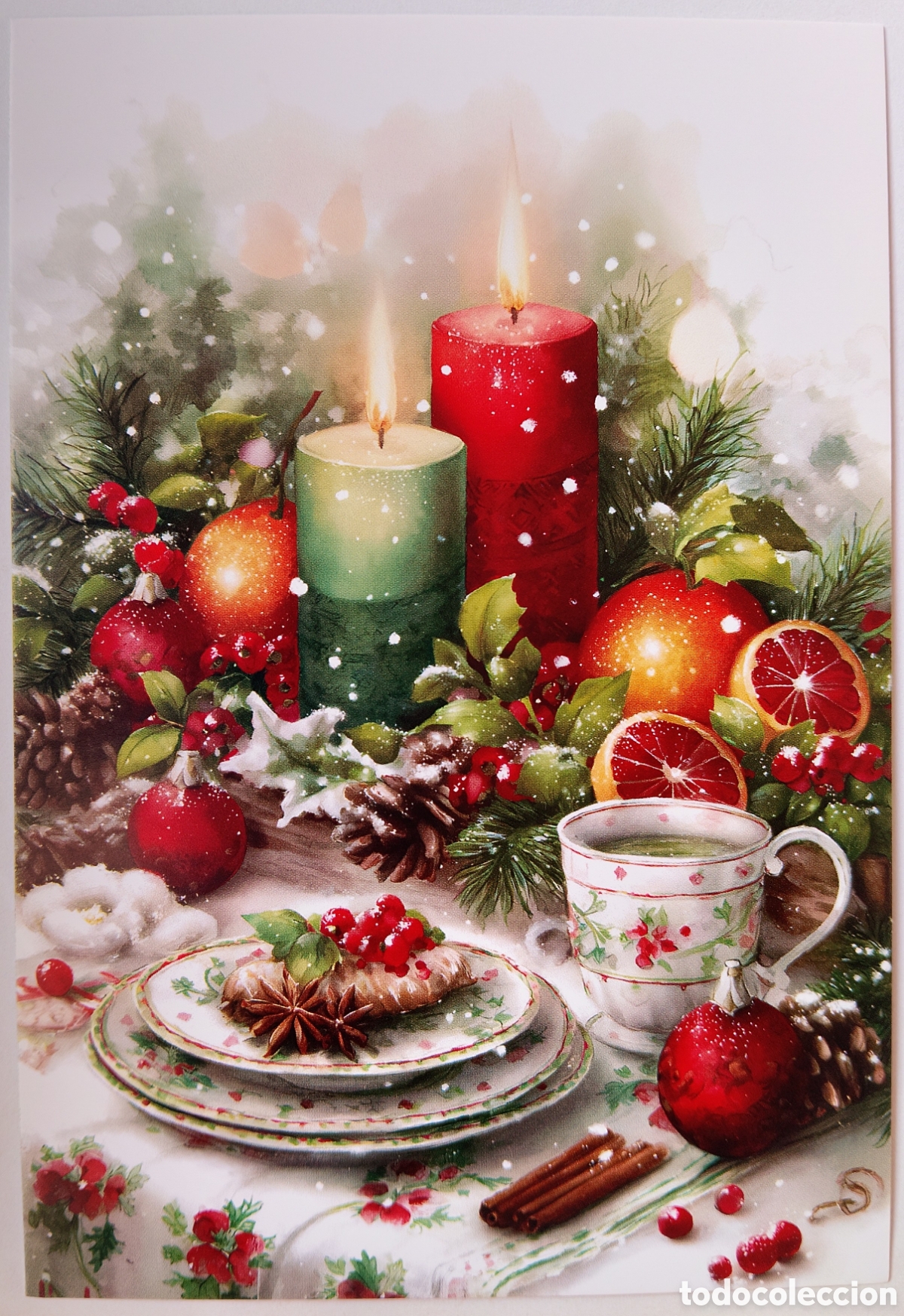 Postales: POSTAL NAVIDAD - DETALLE VELAS ADORNOS TAZA T&Eacute; - ESTILO ANTIGUO