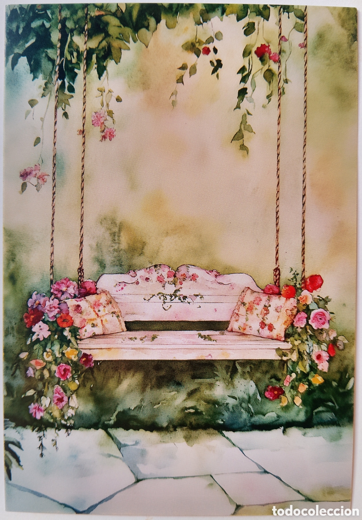 Postales: POSTAL NAVIDAD - COLUMPIO MADERA FLORES JARD&Iacute;N - ESTILO ANTIGUO