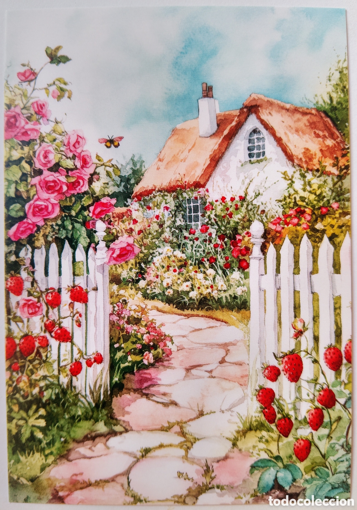 Postales: POSTAL NAVIDAD - CASA COTTAGE FLORES FRESAS JARD&Iacute;N - ESTILO ANTIGUO