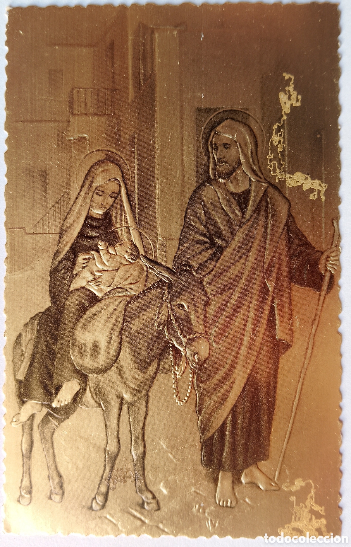 Postales: FELICITACI&Oacute;N NAVIDAD ANTIGUA RELIEVE METALIZADA - HUIDA A EGIPTO