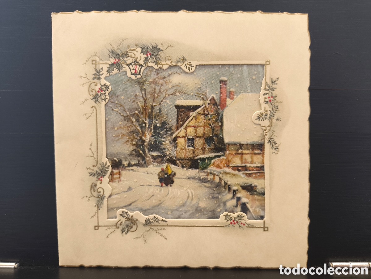 Postales: Antigua tarjeta postal navide&ntilde;a d&iacute;ptico feliz navidad ventana transparente efecto nieve paisaje 1955