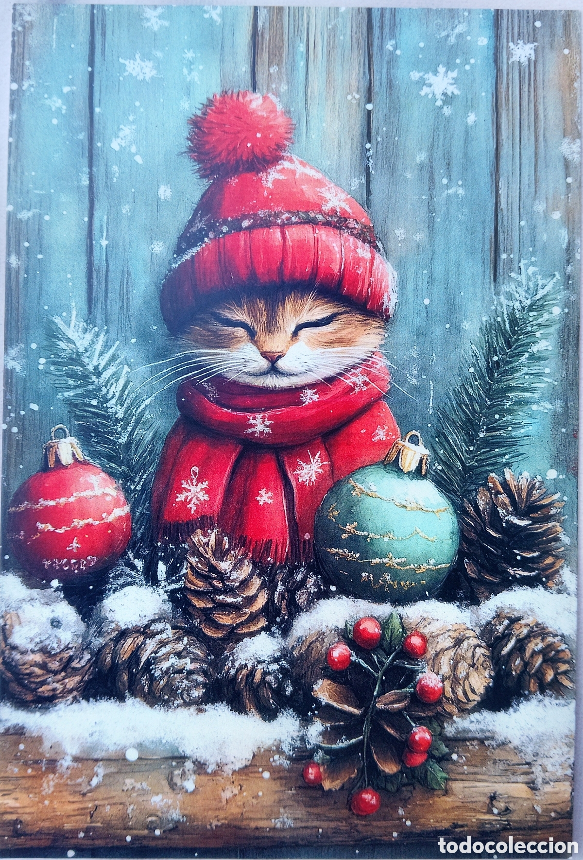 Postales: POSTAL NAVIDAD - GATITO ADORNOS PAISAJE NEVADO - ESTILO ANTIGUO