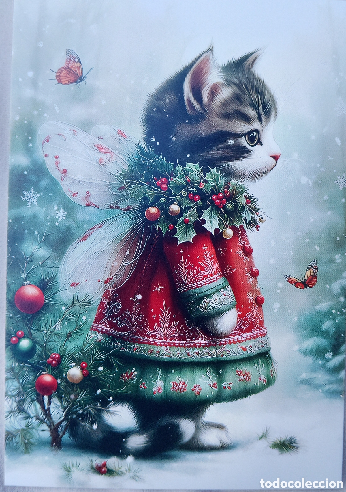 Postales: POSTAL NAVIDAD - GATITO ALAS MARIPOSAS PAISAJE NEVADO - ESTILO ANTIGUO