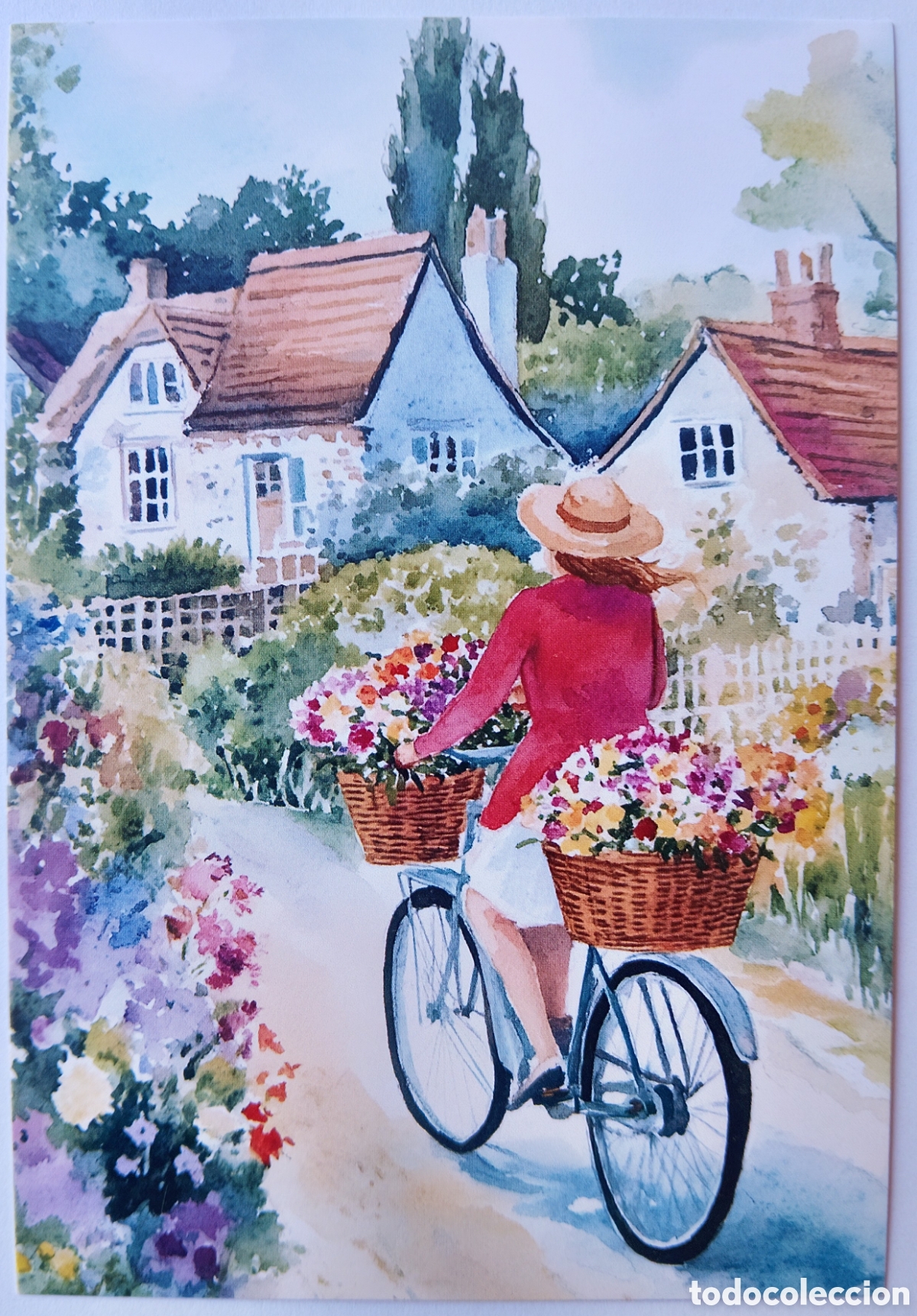 Postales: POSTAL NAVIDAD - CHICA BICICLETA BICI FLORES CASAS COTTAGE - ESTILO ANTIGUO