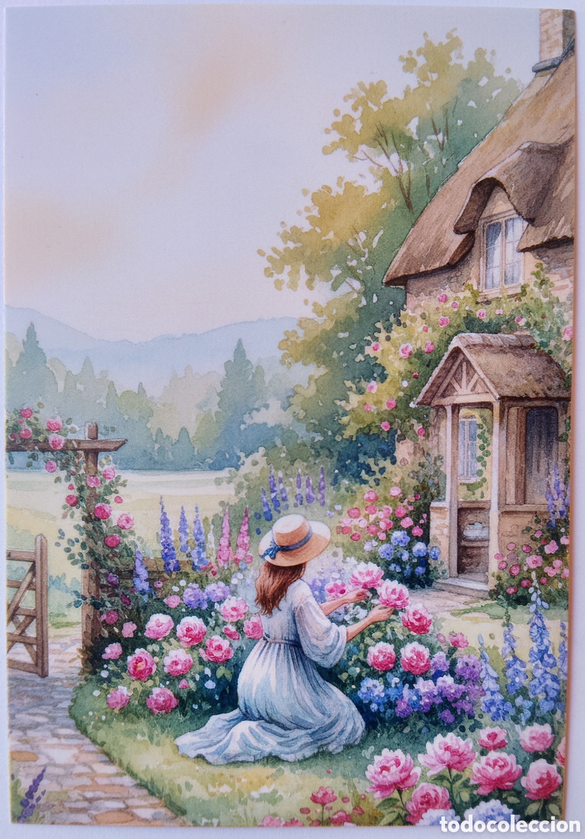 Postales: POSTAL NAVIDAD - CHICA FLORES JARD&Iacute;N CASA COTTAGE - ESTILO ANTIGUO
