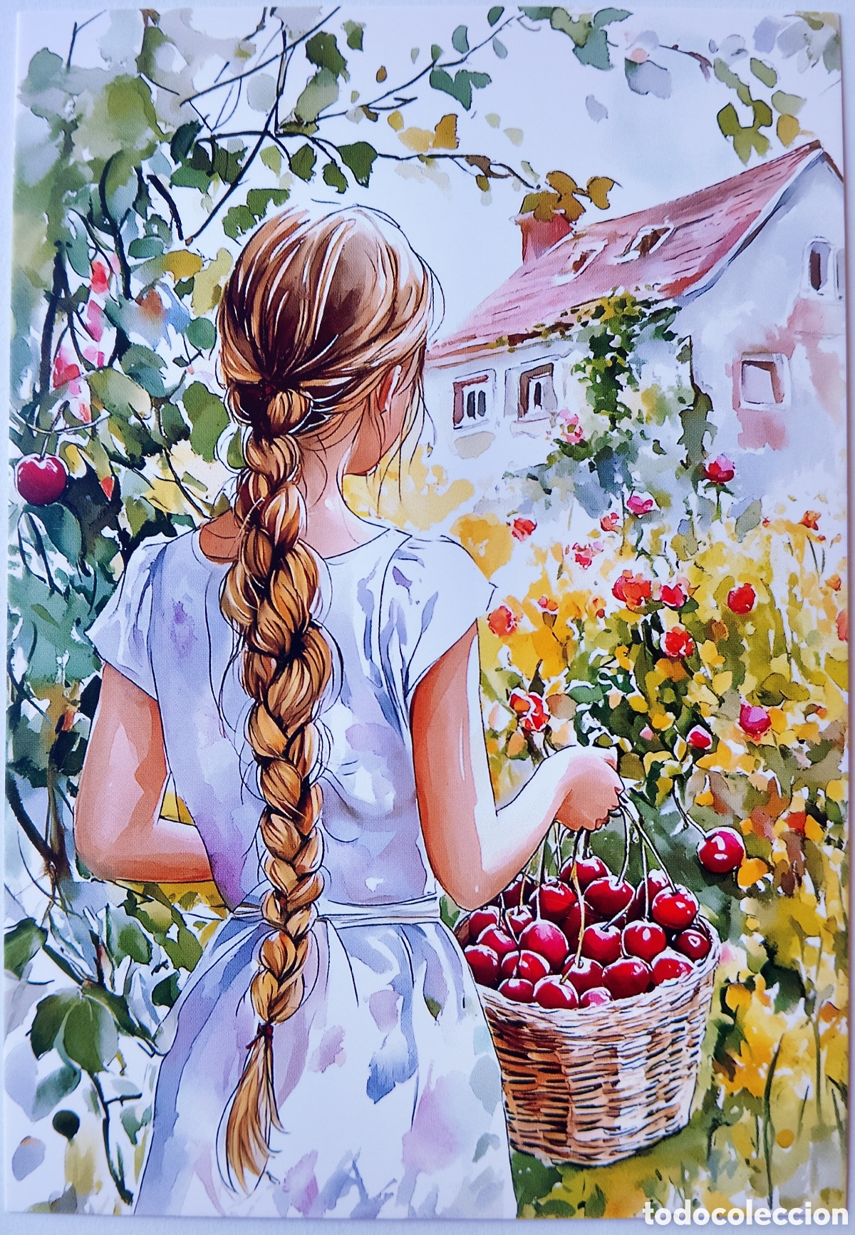 Postales: POSTAL NAVIDAD - CHICA CESTO CEREZAS FLORES CASA - ESTILO ANTIGUO
