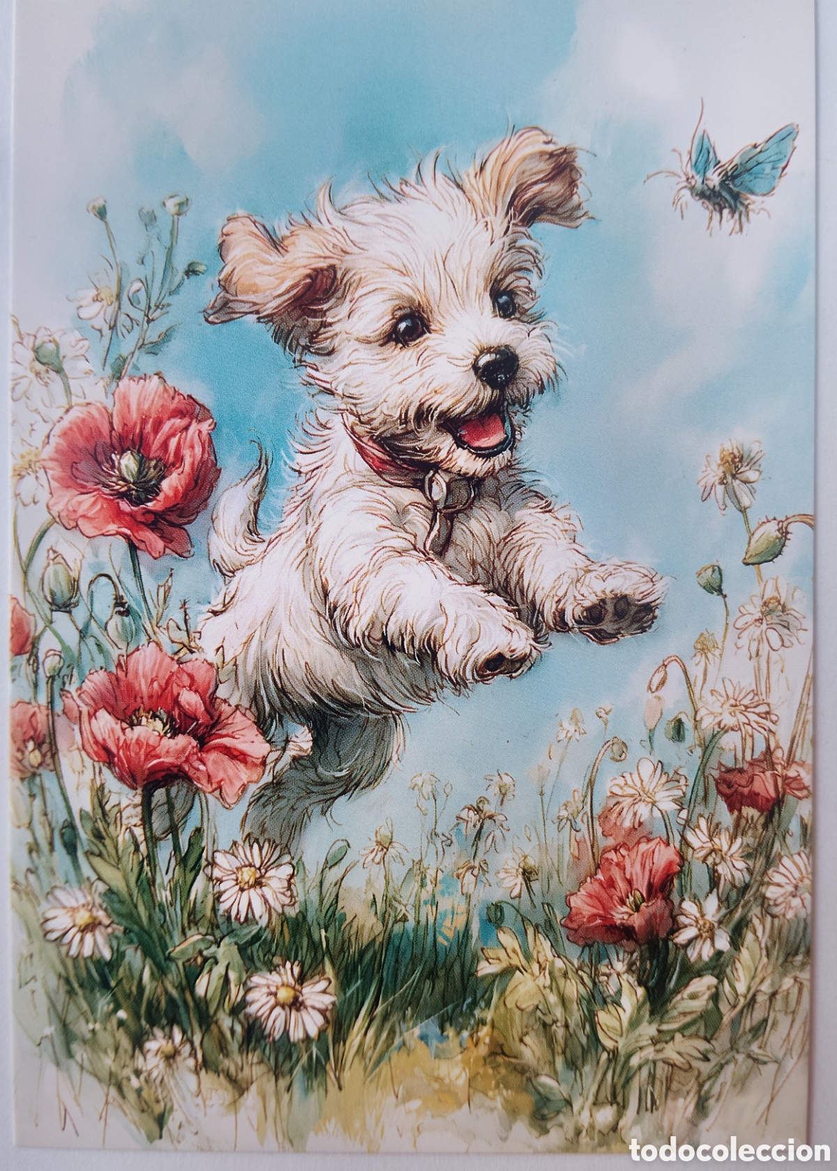Postales: POSTAL NAVIDAD - PERRITO MARIPOSA JARD&Iacute;N FLORES - ESTILO ANTIGUO
