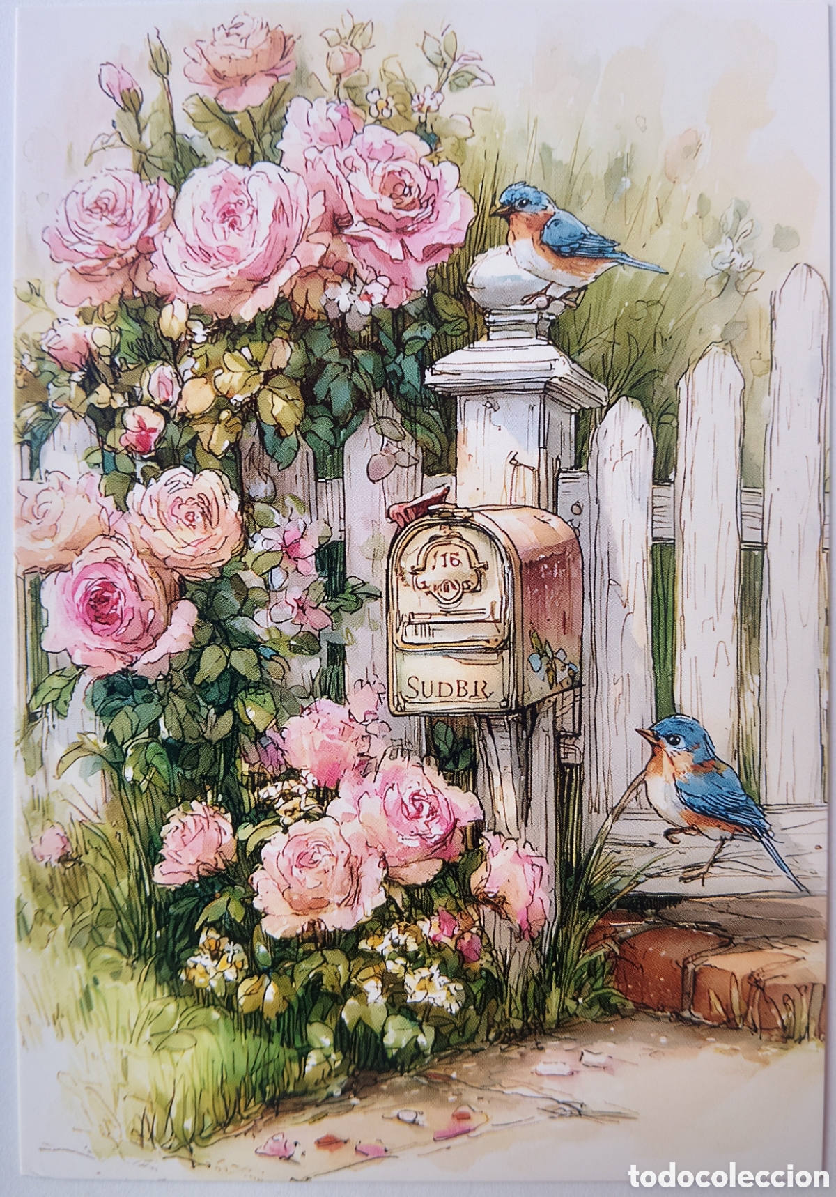 Postales: POSTAL NAVIDAD - PAJARITOS BUZ&Oacute;N ROSAS - ESTILO ANTIGUO