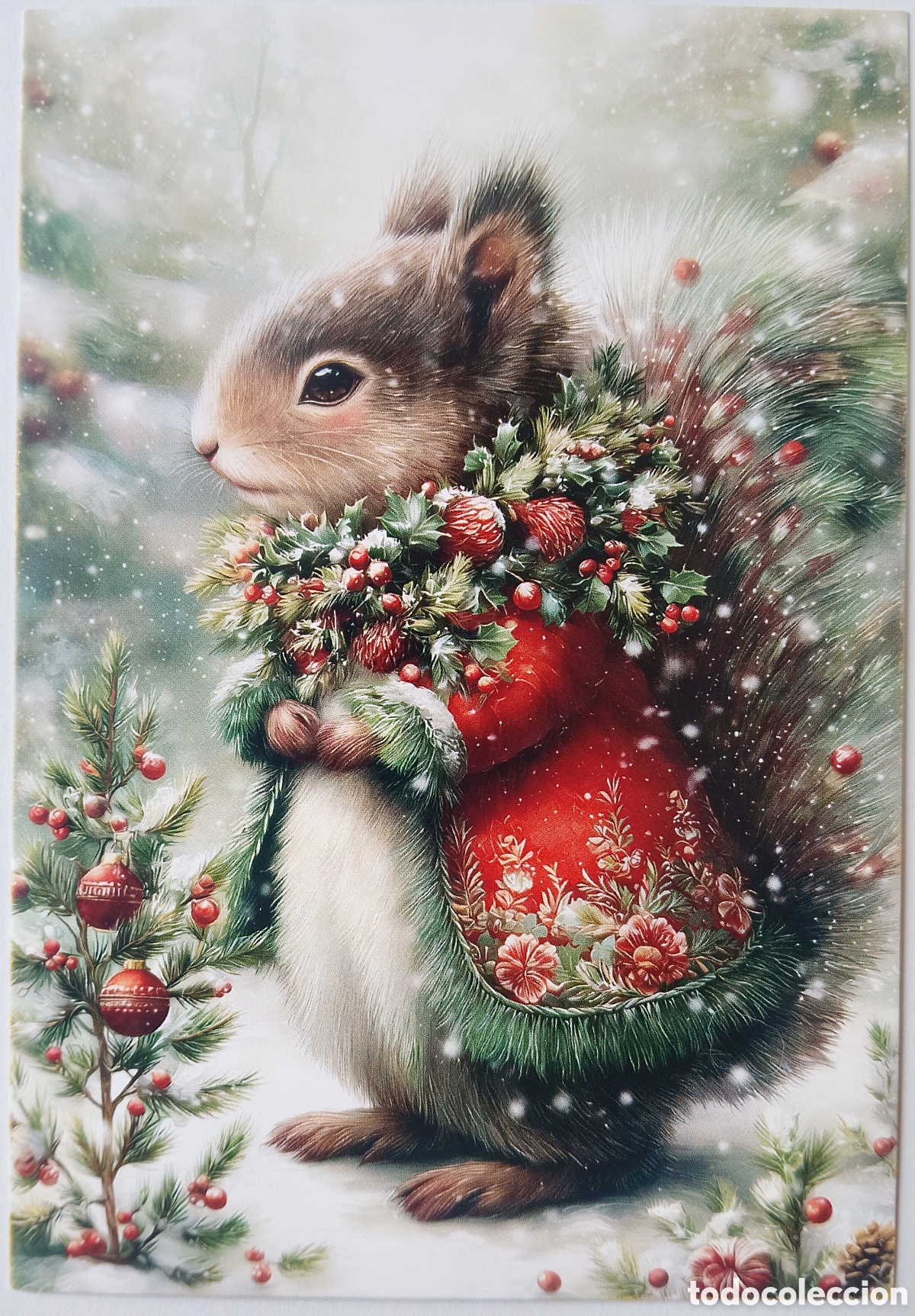 Postkarten: POSTAL NAVIDAD - ARDILLA ADORNOS PAISAJE NEVADO - ESTILO ANTIGUO